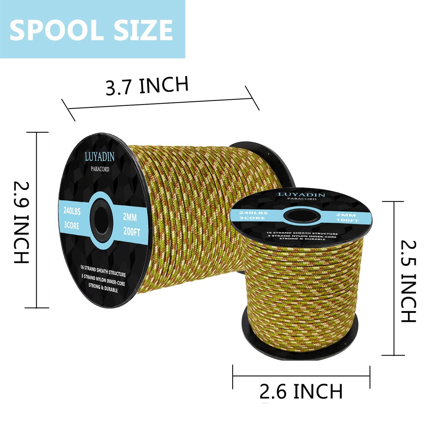 LUYADIN Paracord 240lb - Diameter 2mm Micro Utility Cord -3 Strand Parachute Spool Cord - 100ft 200ft,Paracord for Camping,Hiking,Fishing,Outdoor and DIY