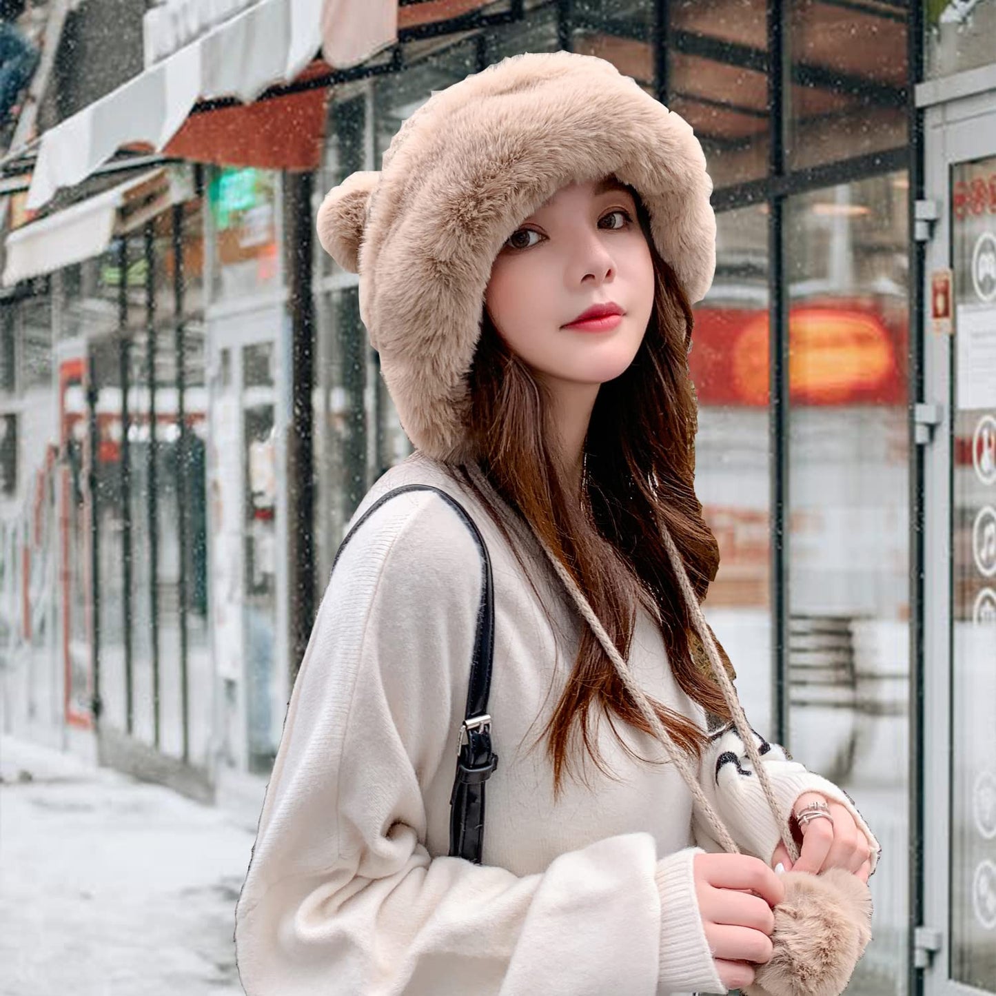 Peicees Winter Beanie Hats for Women Warm Knit Skull Cap Fur Hat with Pompom Russian Ushanka Trapper Hat Ear Cover Light Coffee
