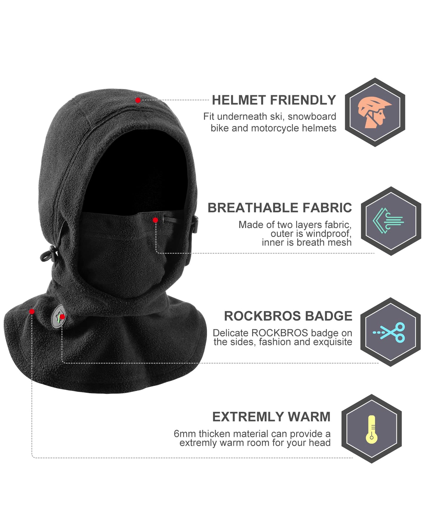 ROCKBROS Ski Mask Thermal Fleece Balaclava Ski Face Mask for Cold Weather Winter Full Face Protective Headgear for Men Women Black