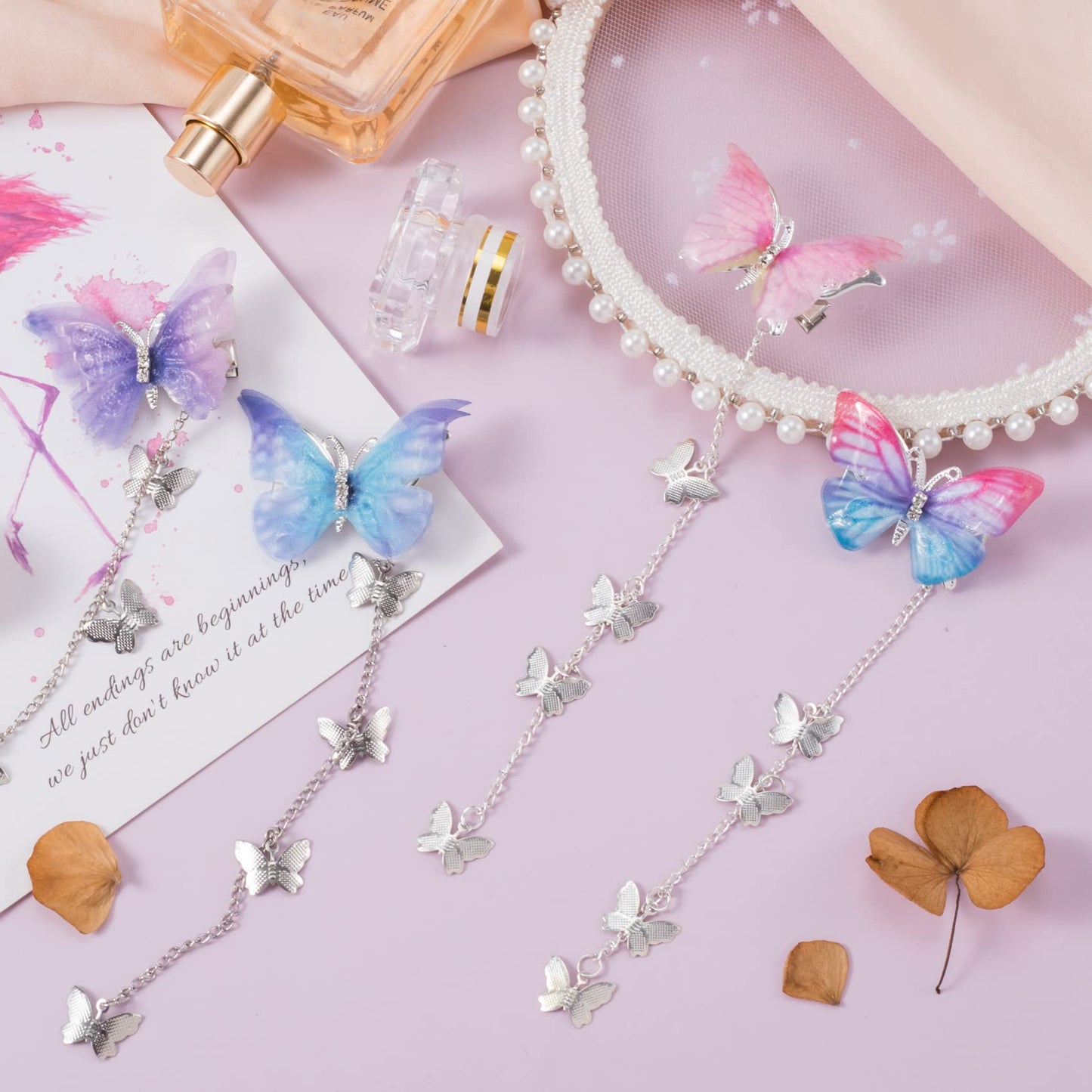 PAGOW 8pcs Butterfly Hair Tassel Clips Cute Alligator Barrettes Valentines Wedding Prom Birthday Hairpin Accessories for Women Girl (Blue Purple Pink)