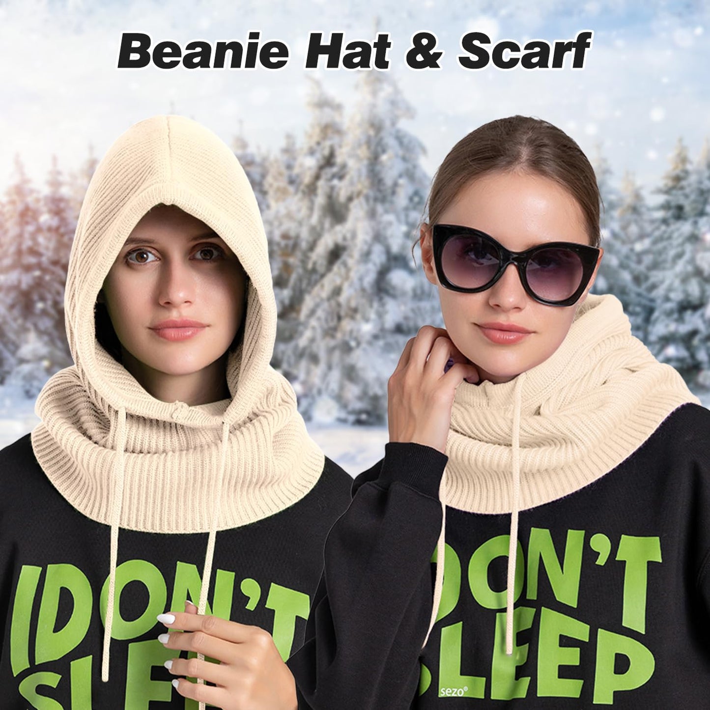 Peicees Hooded Scarf Hat Knit Balaclava for Women Men Winter Neck Gaiters Beanie Skull Cap Drawstring Neck Warmer Fashion