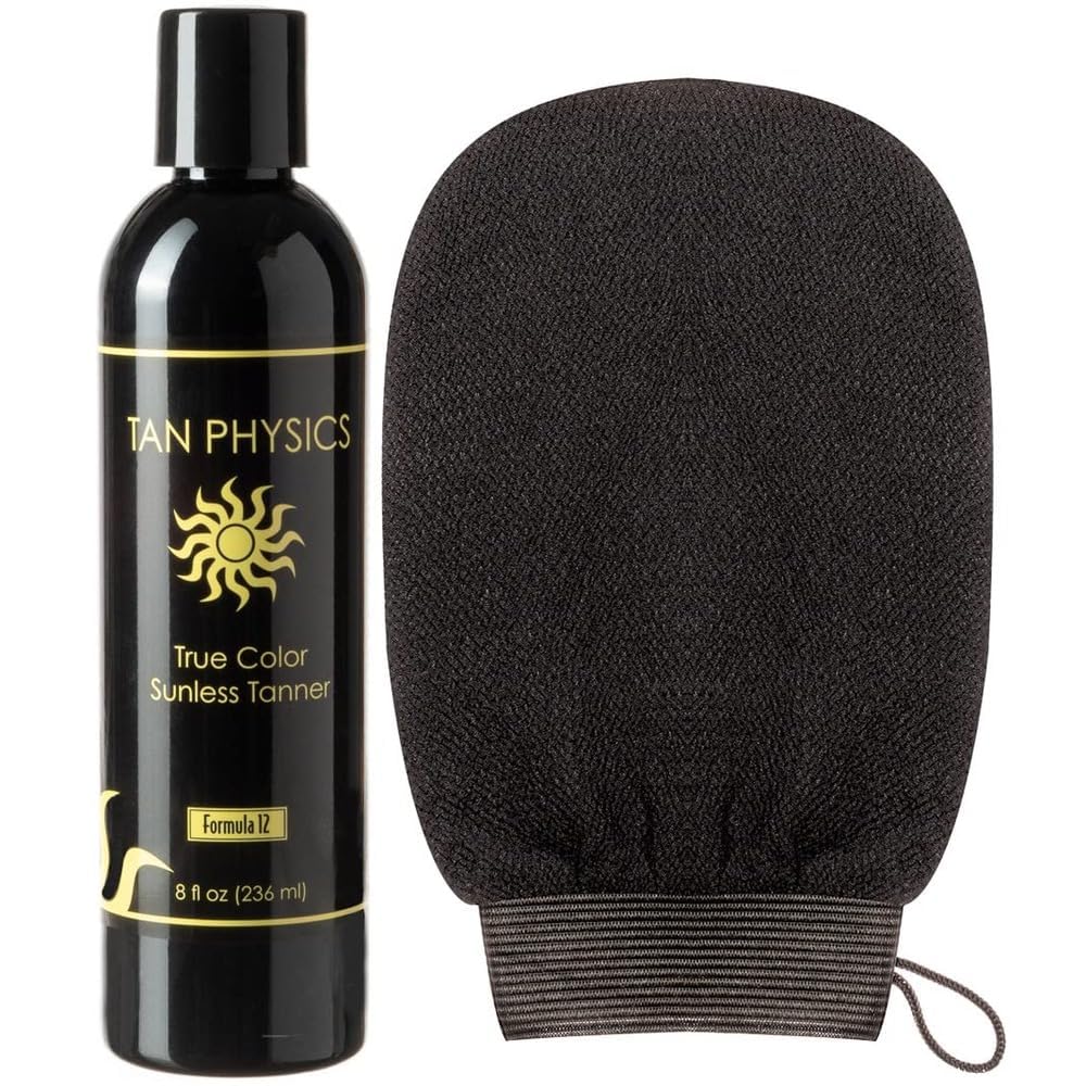 Tan Physics Sunless Tanner 8oz with Exfoliation Mitt– Self Tanning Lotion – Instant Tanning Lotion for Face & Body – Natural Self Tanner for a Streak-Free, Long-Lasting Glow