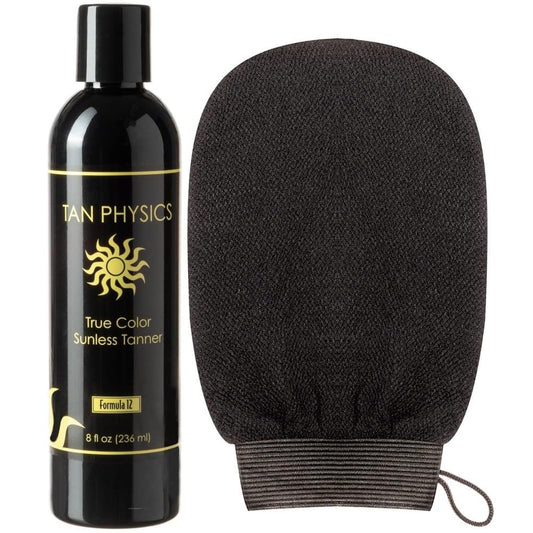 Tan Physics Sunless Tanner 8oz with Exfoliation Mitt– Self Tanning Lotion – Instant Tanning Lotion for Face & Body – Natural Self Tanner for a Streak-Free, Long-Lasting Glow