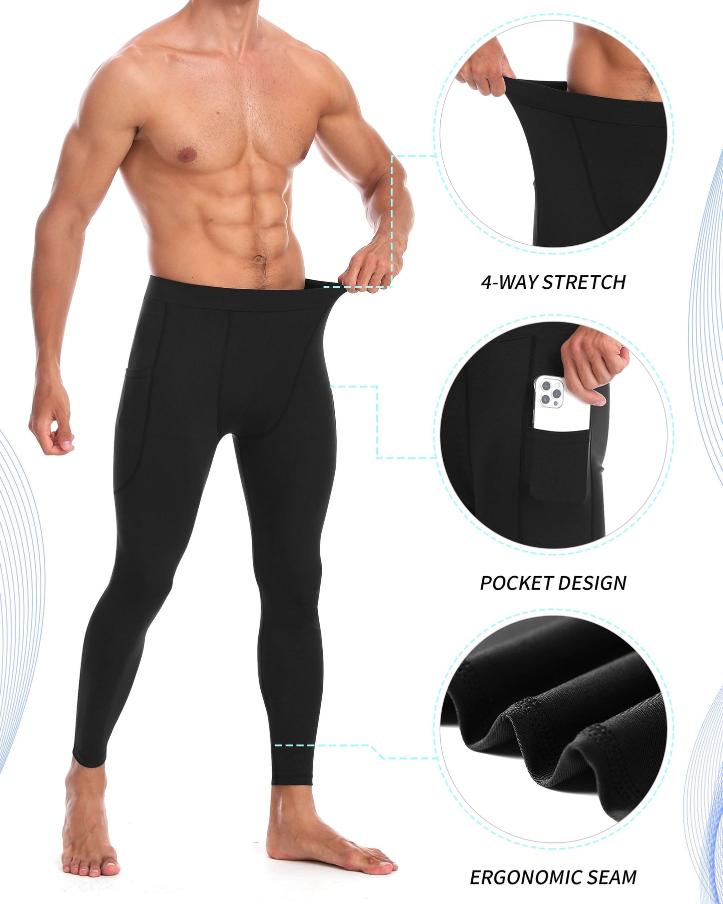 EoBeKee Men's 2 Pack Compression Pants with Pockets, Cold Weather Winter Athletic Football Leggings, Sports Workout Base Layer Tights for Yoga Gym Running Basketball