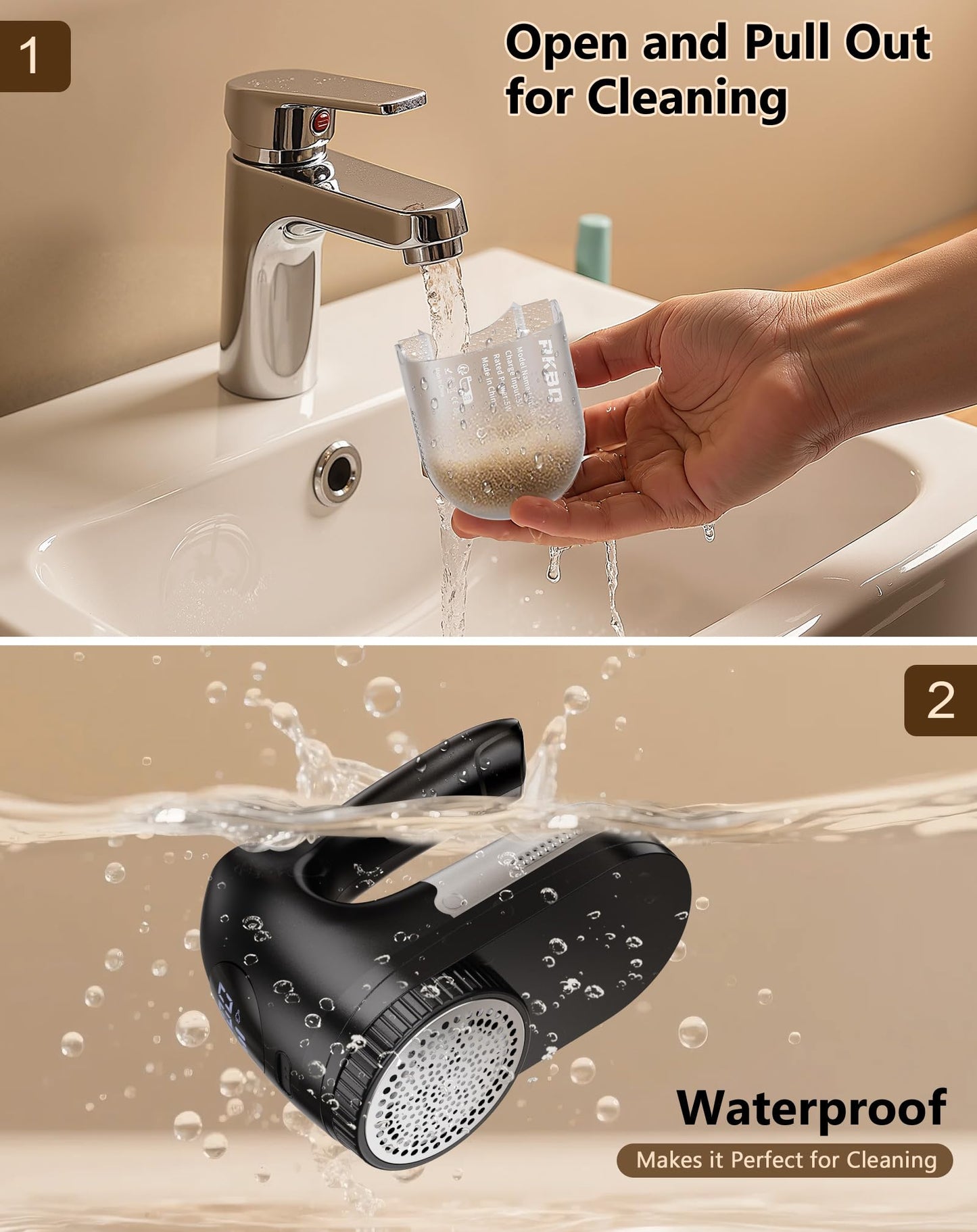 PKBD IPX6 Waterproof Washable Electric Fabric Shaver and Lint Remover, Rechargeable Sweater Defuzzer with 3 Free Extra Blades, Quickly and Effectively Remove Fluff,Fuzz,Bobbles for Clothes, Dark Black
