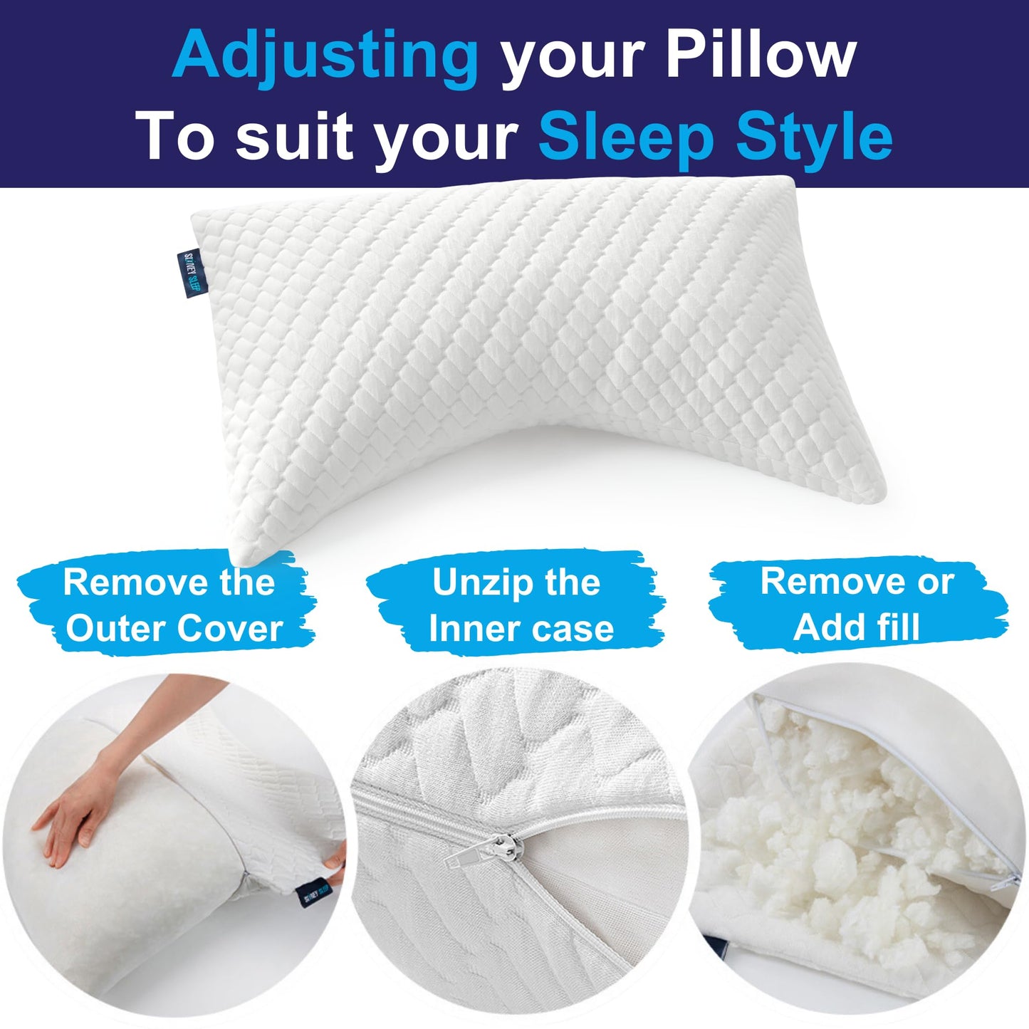 Sidney Sleep Pillow for Side and Back Sleepers - Comfort for Neck and Shoulder Pain - Adjustable Contour Fill - Queen Size - Extra Fill Included (White)