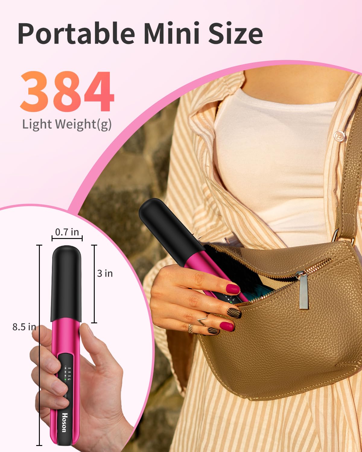 Hoson Cordless Hair Straightener,Portable Mini Flat Iron Travel for Bangs,Short Hair, Rechargeable Curling Iron and Curler 2 in 1,Hot Pink,for Touch Ups