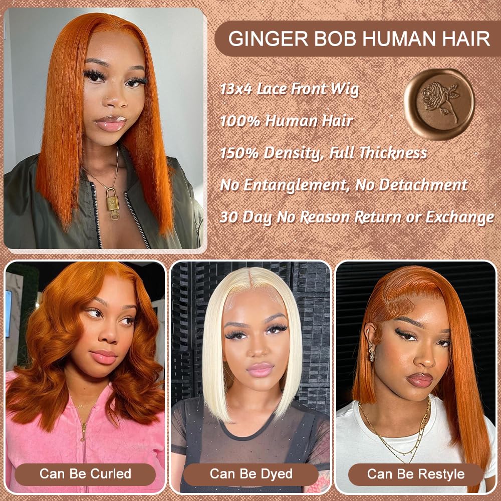 EAGERA Ginger Bob Lace Front Wig Human Hair 8 Inch 13x4 Orange HD Lace Closure Human Hair Wig Pre Plucked with Baby Hair Short Ginger Straight Bob Colored Wig Human 180% Density for Women