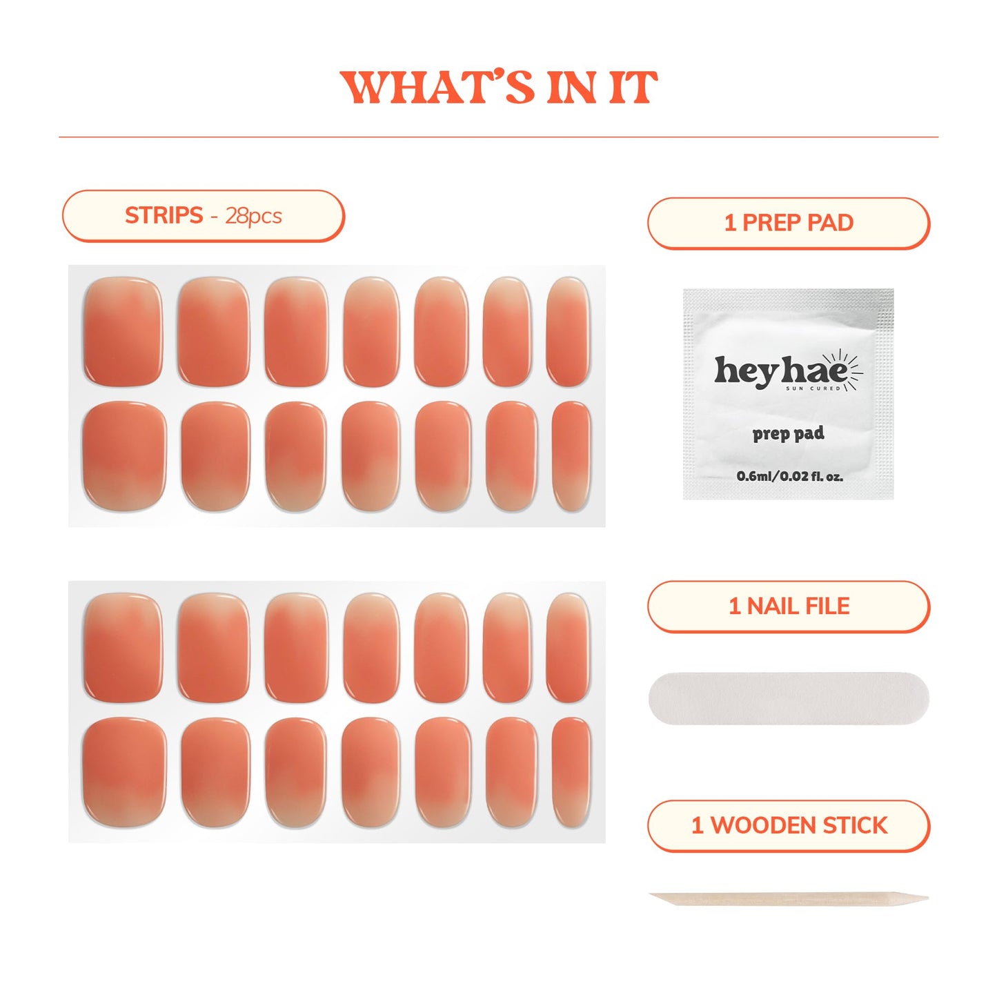 Heyhae Semi Cured Gel Nail Strips | No LED Lamp Needed | Ombre, Orange, Spring | Easy Apply & Remove, Salon Quality |Includes 28 Strips, 1 Prep Pads, Nail File & Wooden stick - Hey, You're My Sunshine
