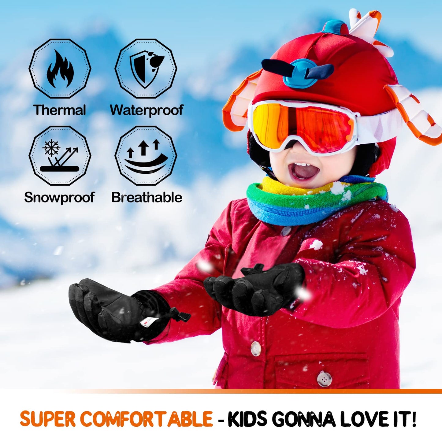 Hikenture Waterproof Kids Snow Gloves,3M Thinsulate Winter Gloves for Boys &Girls,Insulated Ski Gloves for Youth,Childrens,Age 7-9(Black M)