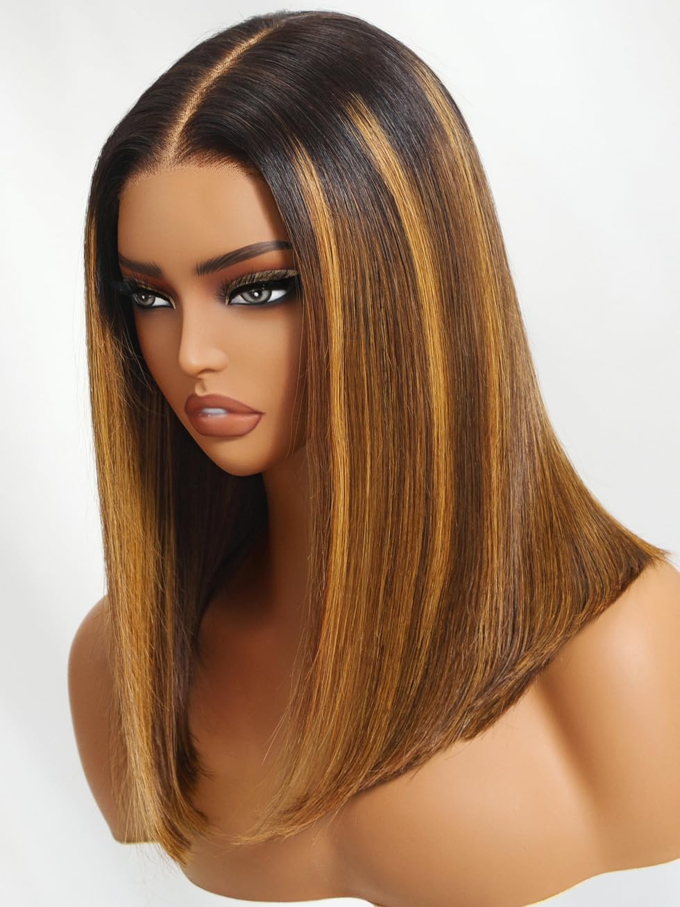 UNICE Bye Bye Knots Glueless 7x5 HD Lace Front Wigs Human Hair Pre Plucked Pre Cut Bleached Knots Dark Roots Brown Blonde Highlight Blunt Bob Wigs Natural Looking 150% Density 10 inch