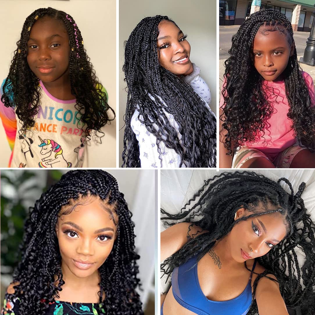 Beverlee 10 Inch 8 Packs Boho Box Braids Goddess Box Braids Crochet Hair Bohemian Hippie Braids Braiding Hair Box Braids with Curly Ends Messy Pre-looped Synthetic Crochet Hair for Black Women