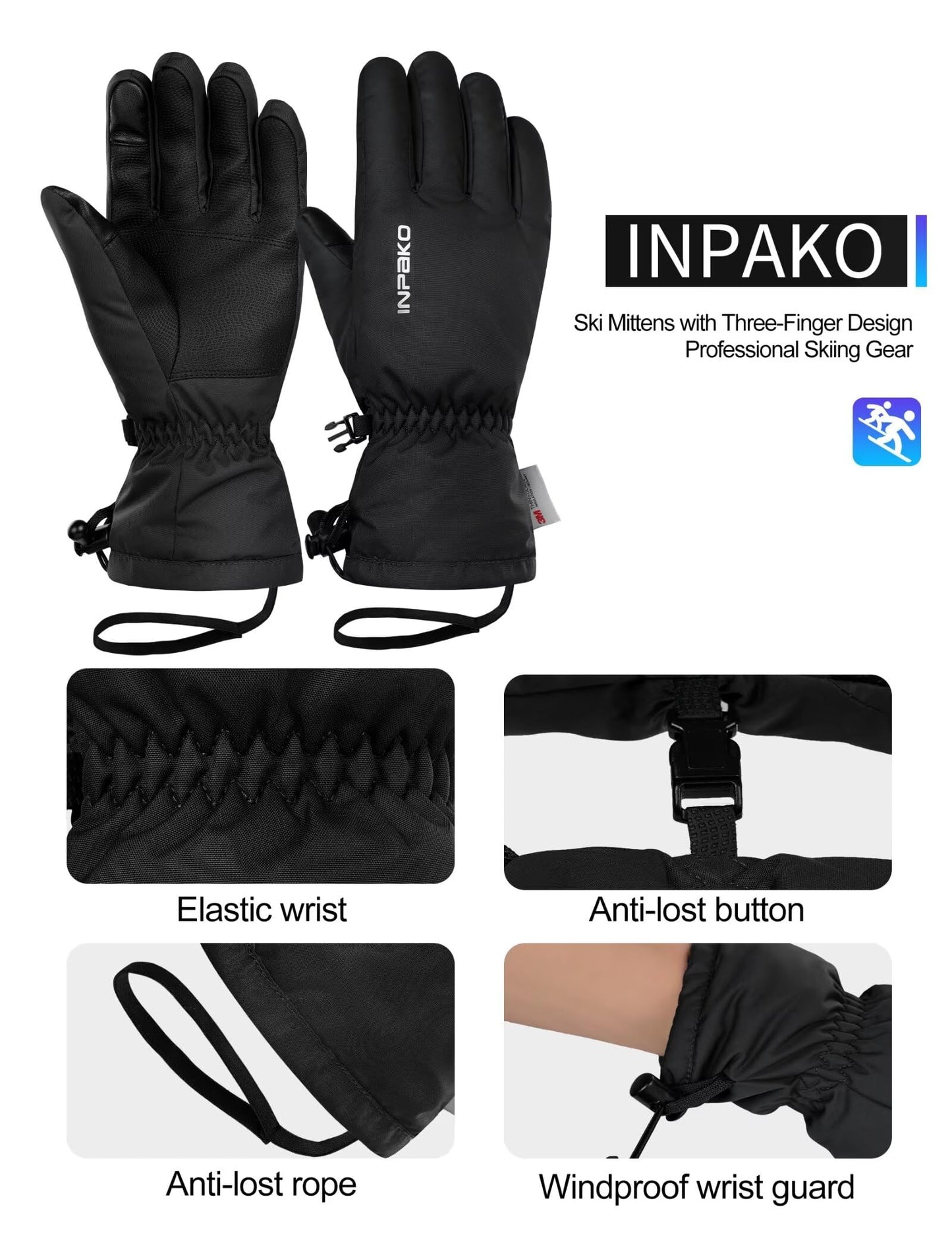 INPAKO Ski Gloves Men & Women -10℉ Waterproof 3M Thinsulate Winter Touchscreen Snow Gloves for Snowboarding