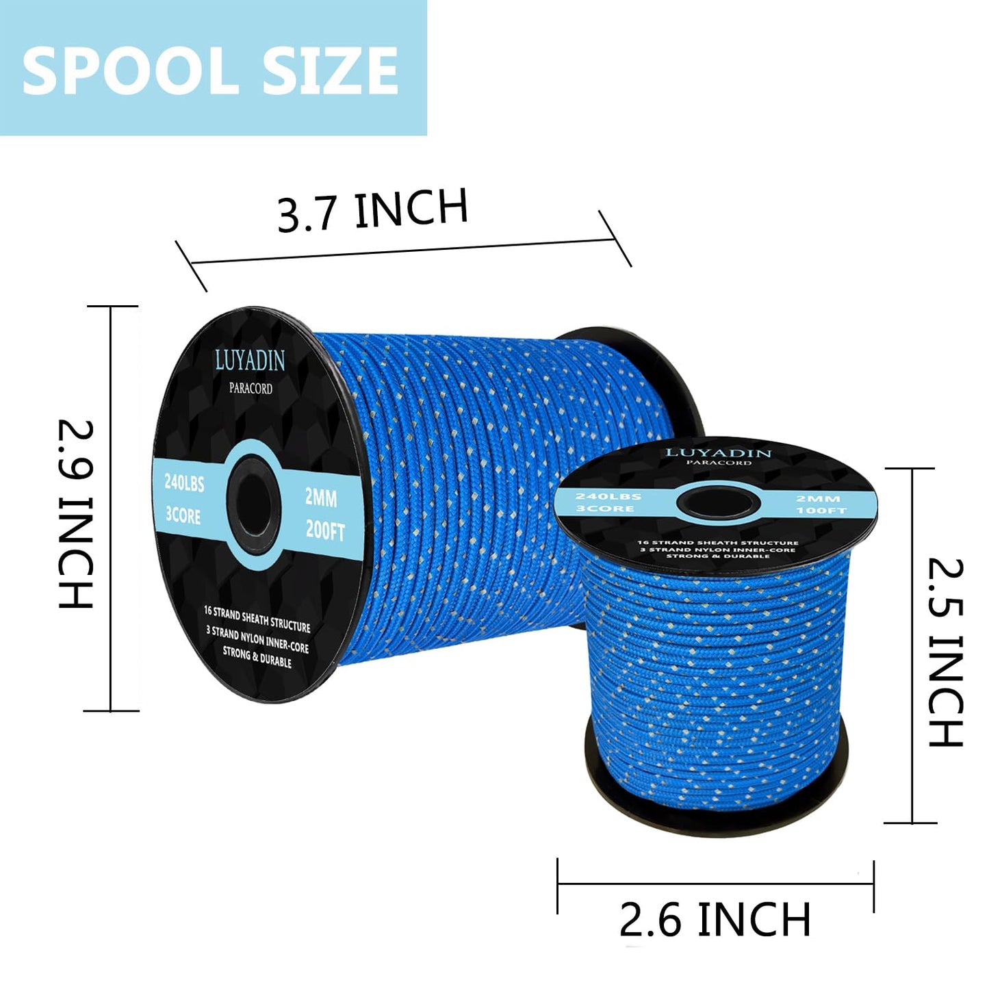 LUYADIN Reflective Paracord 240lb - Diameter 2mm Micro Utility Cord -3 Strand Parachute Spool Cord - 100ft 200ft,Paracord for Camping,Hiking,Fishing,Outdoor and DIY