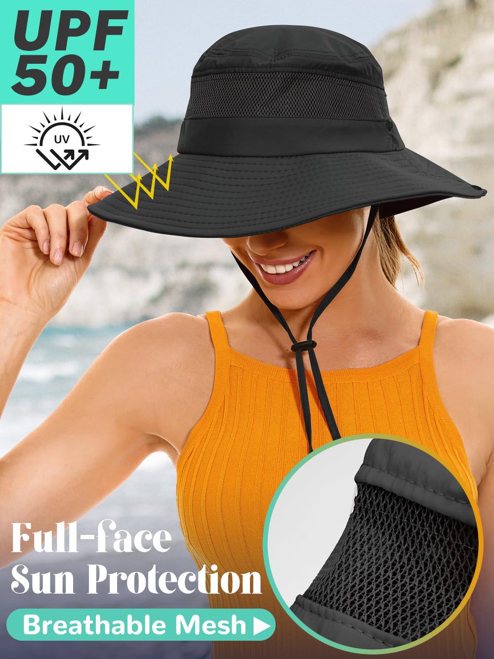 Sun Hat with Ponytail Hole for Women,Sun UV Protection UPF50+ Waterproof Beach Bucket Safari Hiking Hat for Women Black