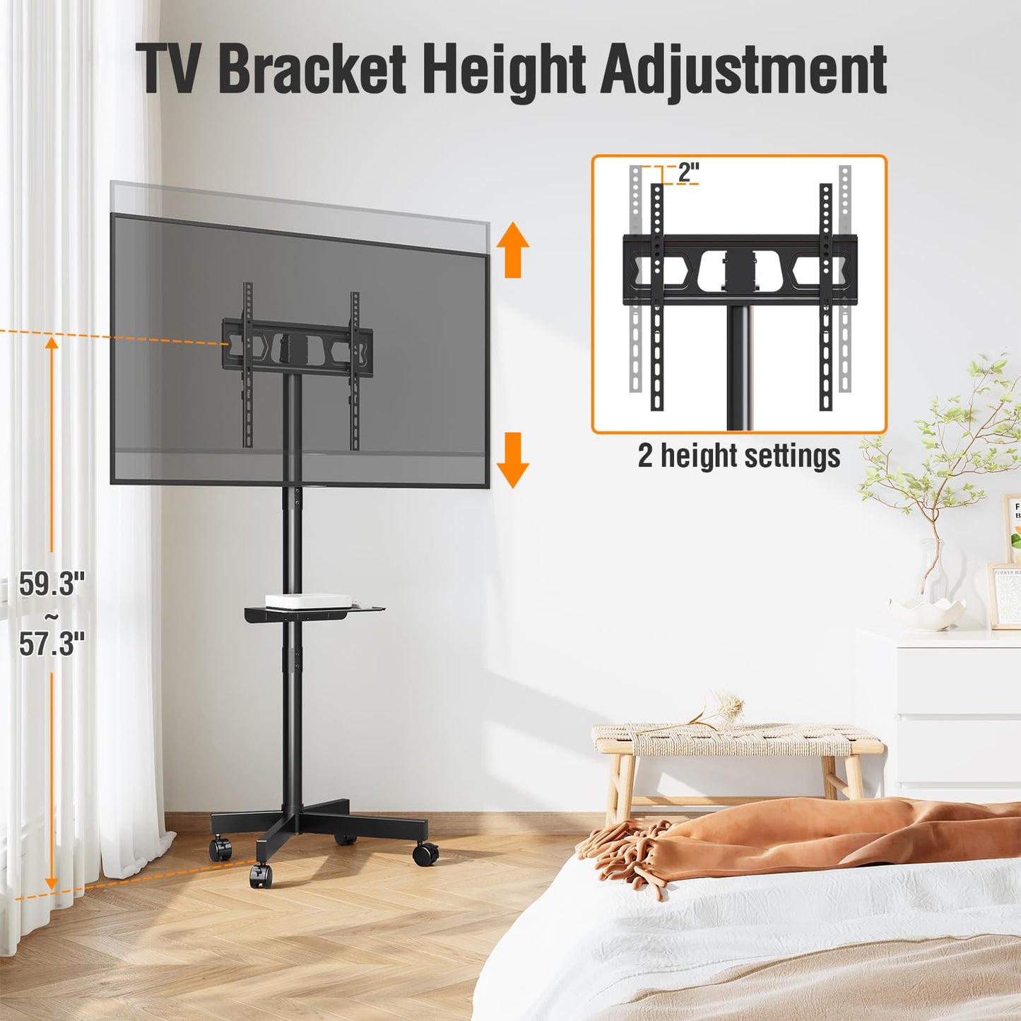 ELIVED Mobile TV Stand for 23-60 Inch Flat Screen TVs, Tilt TV Cart with Adjustable Shelf & Locking Wheels, Rolling TV Floor Stand Max VESA 400x400mm, Portable TV Stand Holds Up to 77lbs.