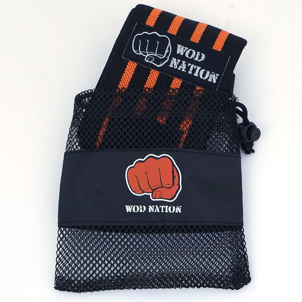 WOD Nation Wrist Wraps for Weightlifting, 12” Professional Gym Wrist Straps w/Thumb Loop for Men & Women, Wrist Support Wraps for Strength Training, Powerlifting & Bodybuilding (Black/Orange)