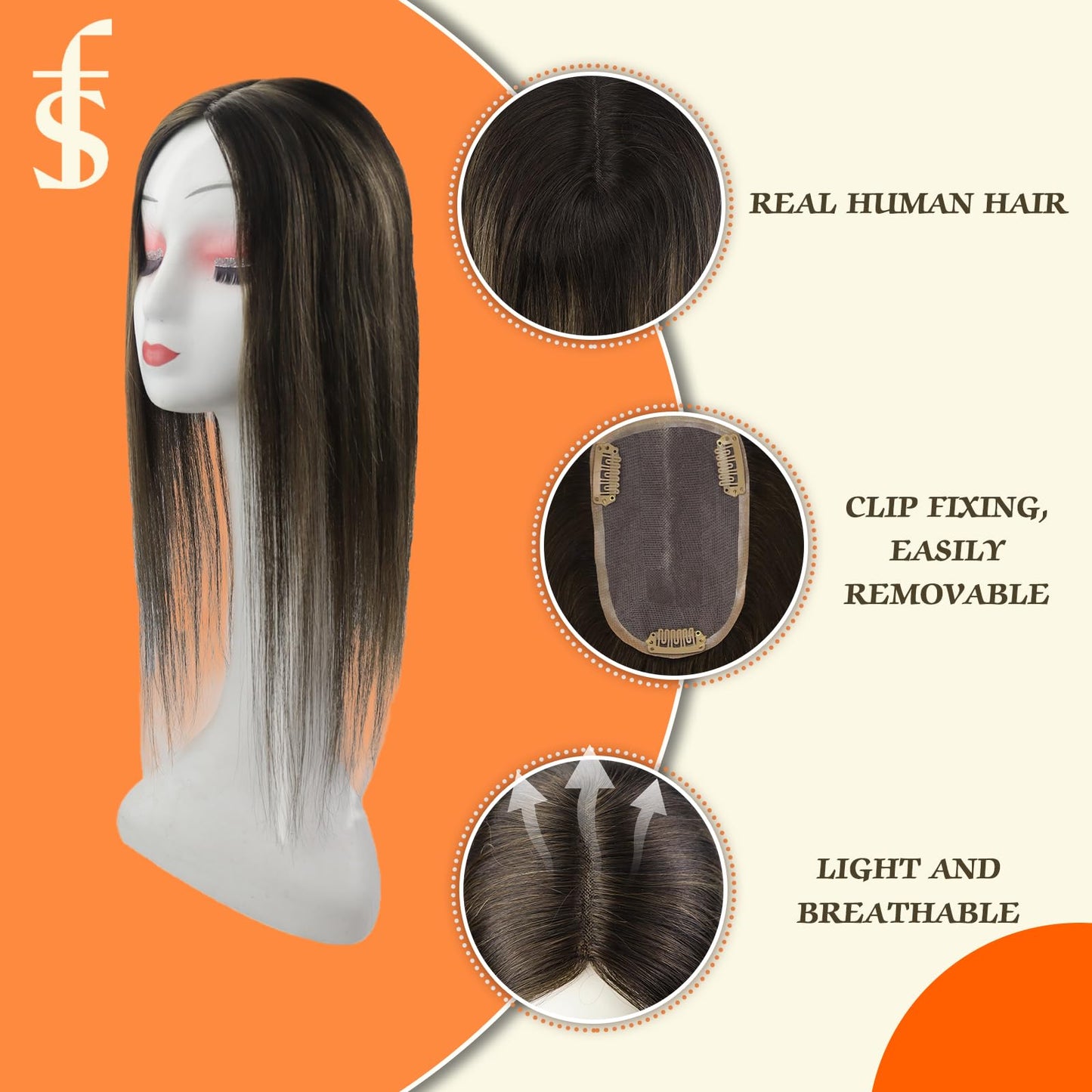 Full Shine Hair Toppers For Women Real Human Hair 3 * 5 Inch Ombre Darkest Brown To Ash Brown Highlights Brown Hidden Crown Hair Extensions Hair Pieces With Clips For Short Hair 12 Inch