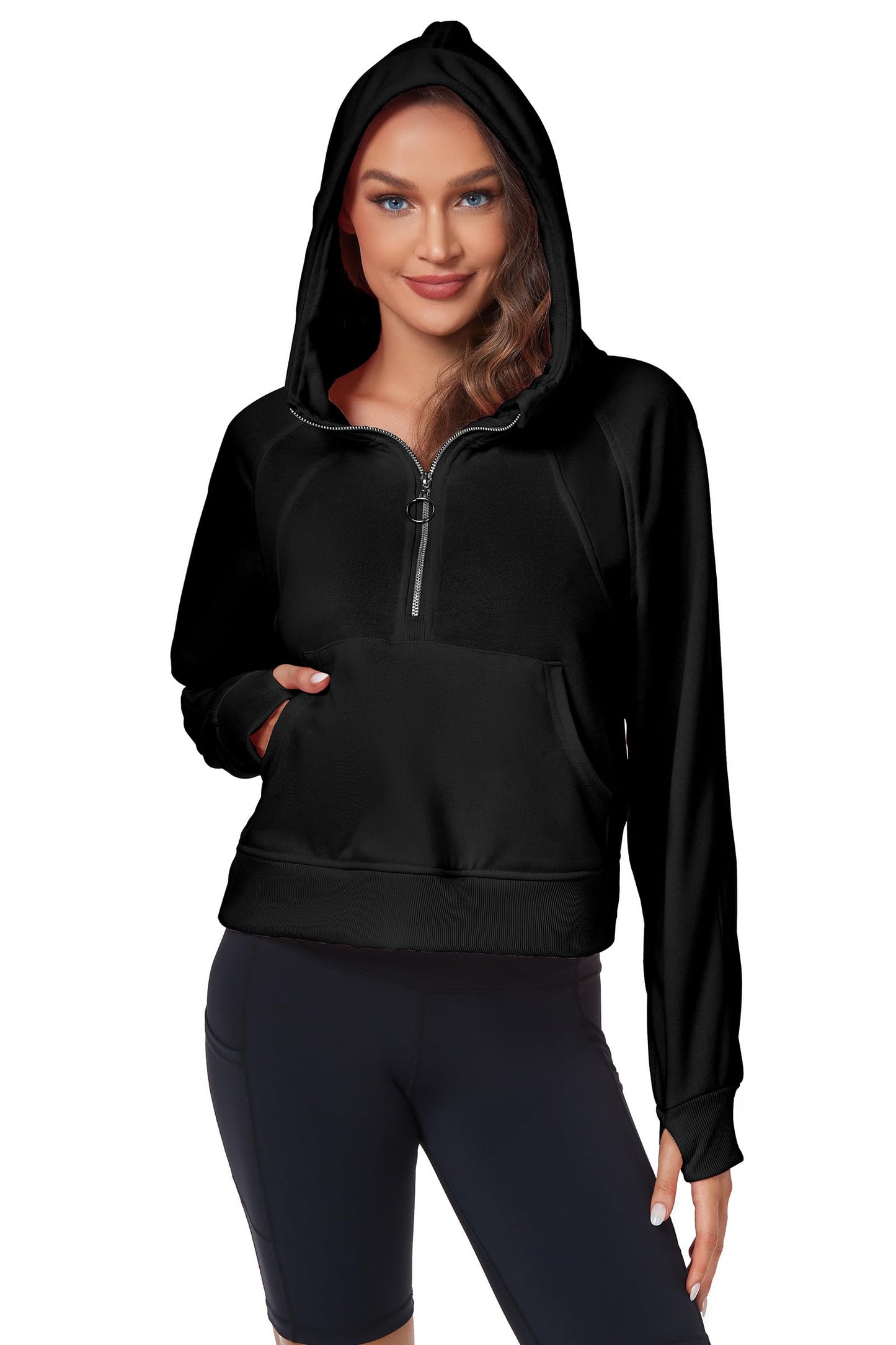 FKEEP Womens Half Zip Hoodies Quarter Zipper Up Cropped Sweatshirt Long Sleeve Athletic Pullover Tops with Thumb Hole(Black,Large)