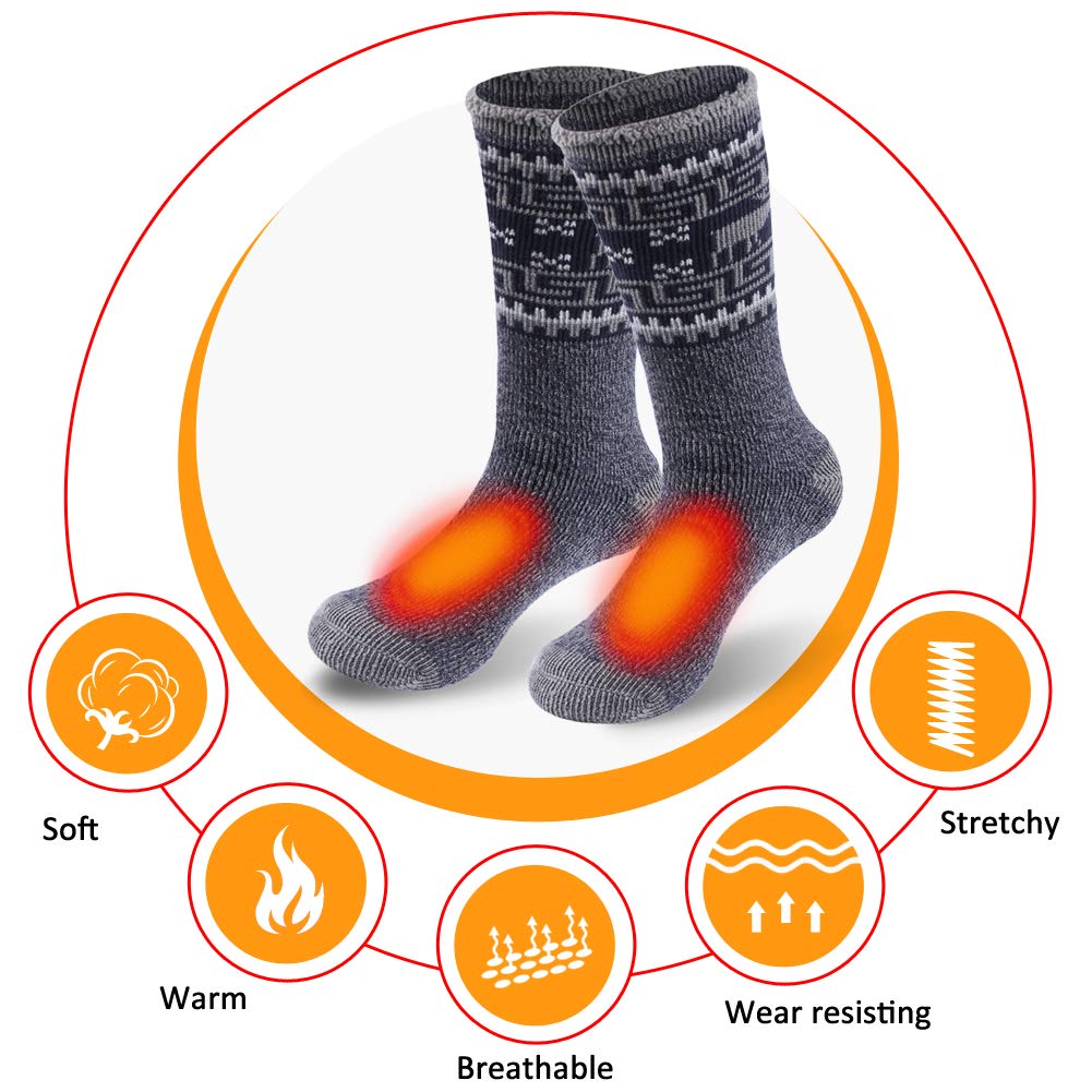 Sunew Heated Thermal Socks, Men’s Cold Winter Outdoor Athletic Warmest Insulated Hot Trapping Boot Skiing Socks, Big Boys’ Comfort Indoor Heavy Brushed Fuzzy Slipper Casual Socks, 2 Pack Pewter Large