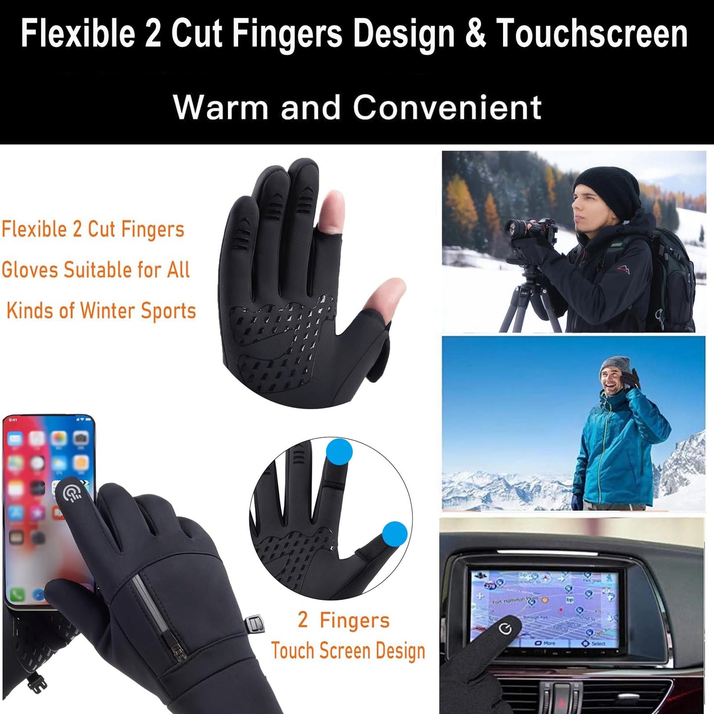 weiatas Winter Fingerless Gloves for Men Women Touch Screen, Cold Weather Thermal Sport Gloves for Fishing Running Cycling Driving Hiking, Warm Windproof Work Gloves (X-Large)