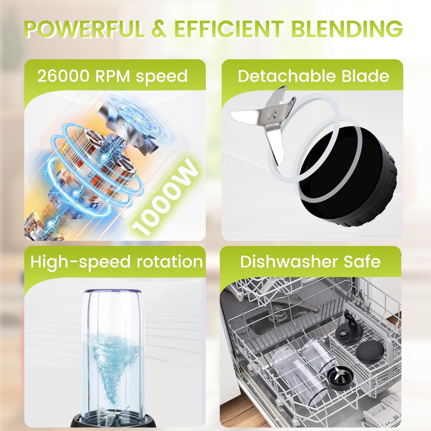 YAHHU Smoothie Blender,1000W Max Blenders for Shakes and Smoothies in Kitchen, With Two Portable Bottle and Spout Lids(1 * 27oz&1 * 6.7oz),Coffee Grinder, 3 Modes Nutritional Recipe Blender,Black