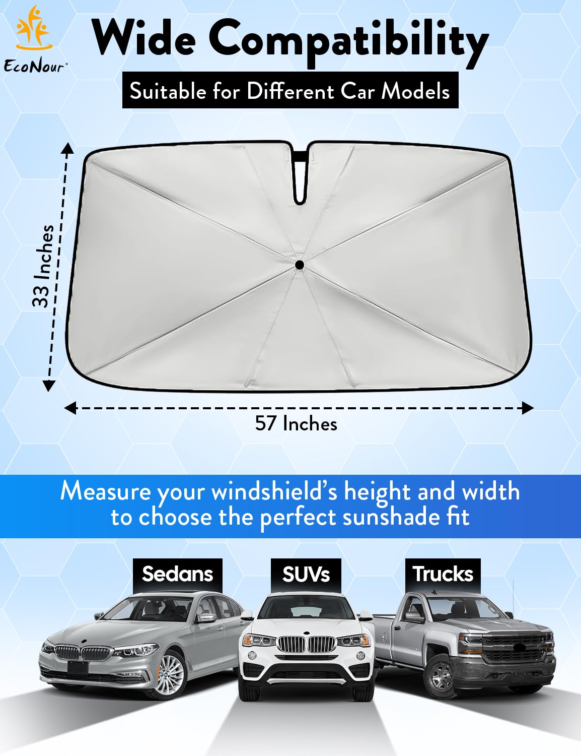 EcoNour Premium Umbrella Windshield Sun Shade for Car | Foldable Umbrella Sun Shield | UV Protection for Front Window Shade with Storage Pouch | Fits Sedans & SUVs | Medium 57"x33"