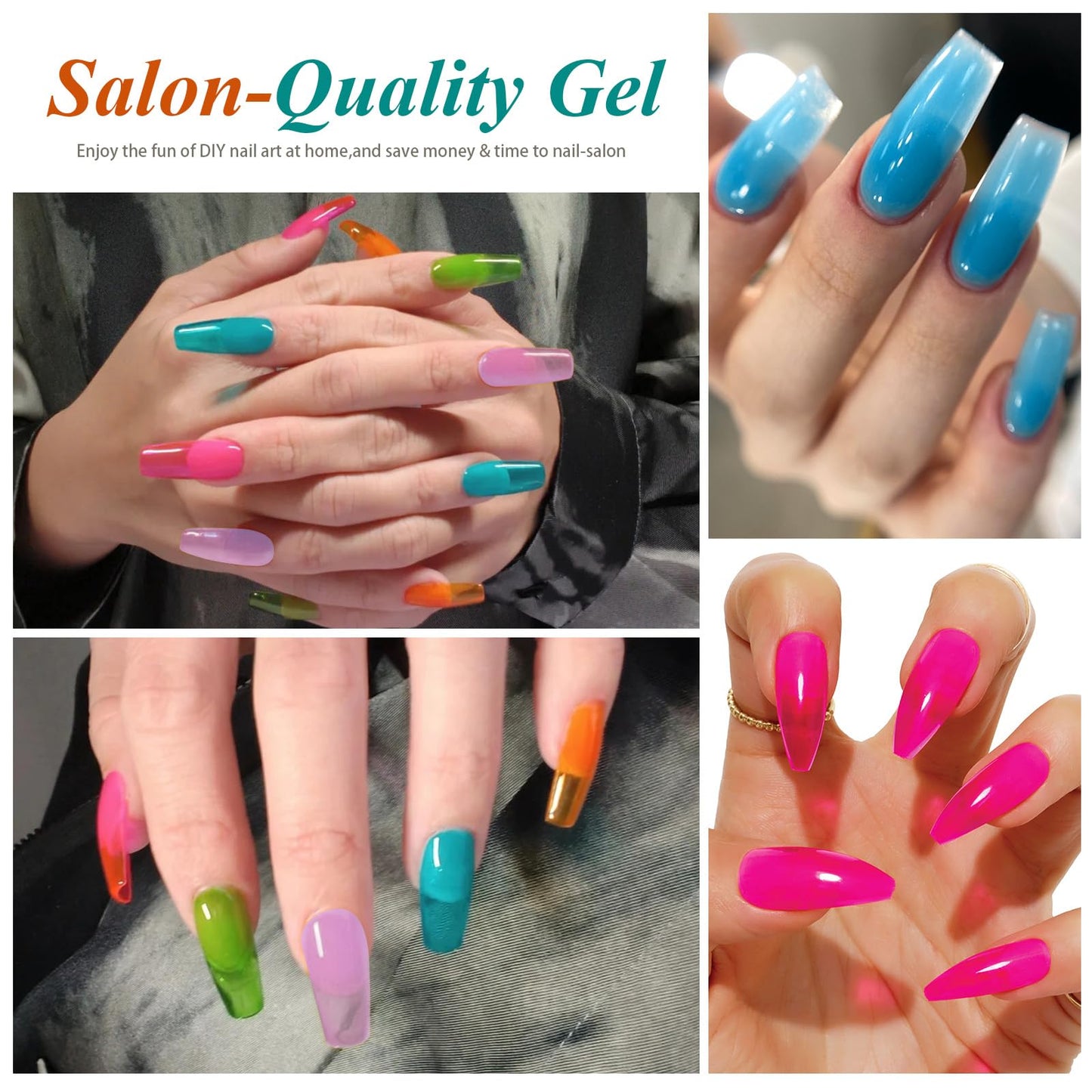 Artdone Transparent Gel Nail Polish Jelly Set - UV Gel 6 Colors Neon Orange Blue Green Pink, Neutral, Soak Off LED Lamp Gel Manicure Kit For Nail Art