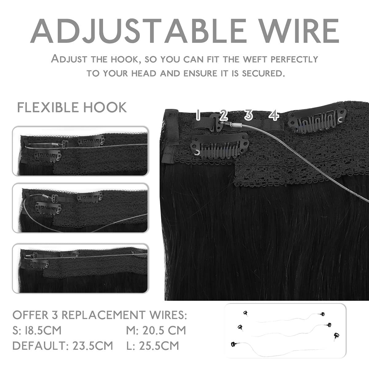 WENNALIFE Wire Hair Extensions (Increase 50% Lifespan) Real Human Hair 20 inch 110g Jet Black Remy Hair Extensions Invisible Transparent Wire Fish Line Hair Extensions Straight Real Hair Extensions