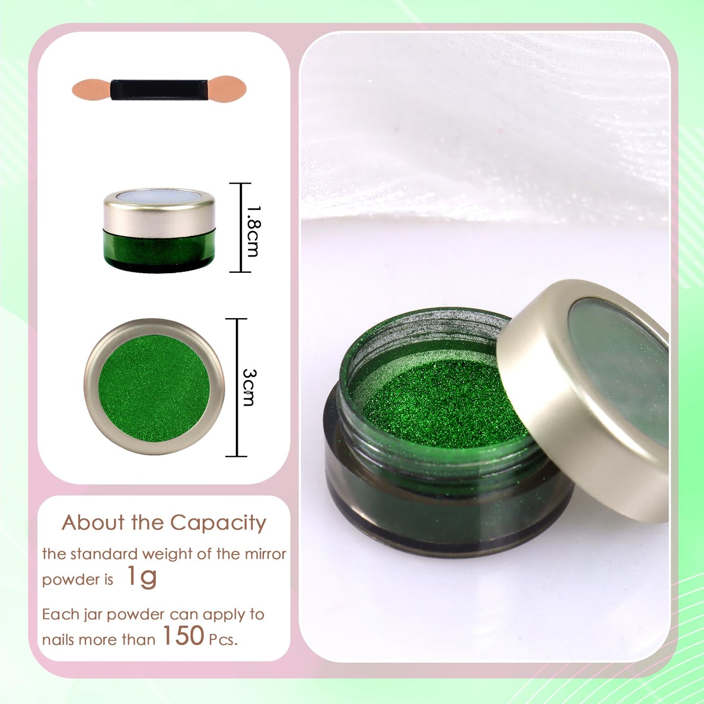 Laza Chrome Nail Powder Mirror Effect Metallic Dust Holographic Glitter Glazed Manicure Decoration Reflective Pigment for DIY Gel Polish Nail Art, Resin Craft, Gifts - Grass Green