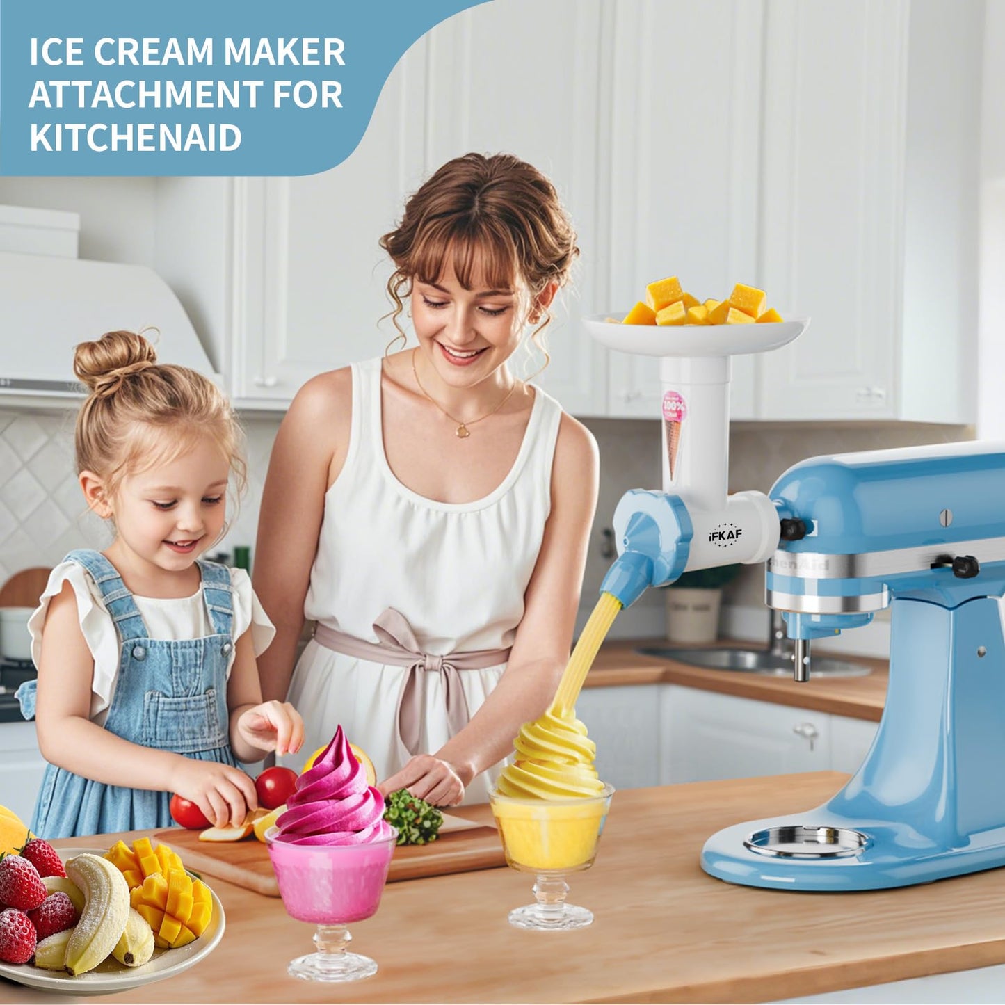 Dairy Free Ice Cream Maker Attachment for KitchenAid Stand Mixer, Natural Frozen Dessert and Yogurt Maker, Gelato Sorbet Maker, Frozen Fruit Ice Cream Maker, Dishwasher Safe