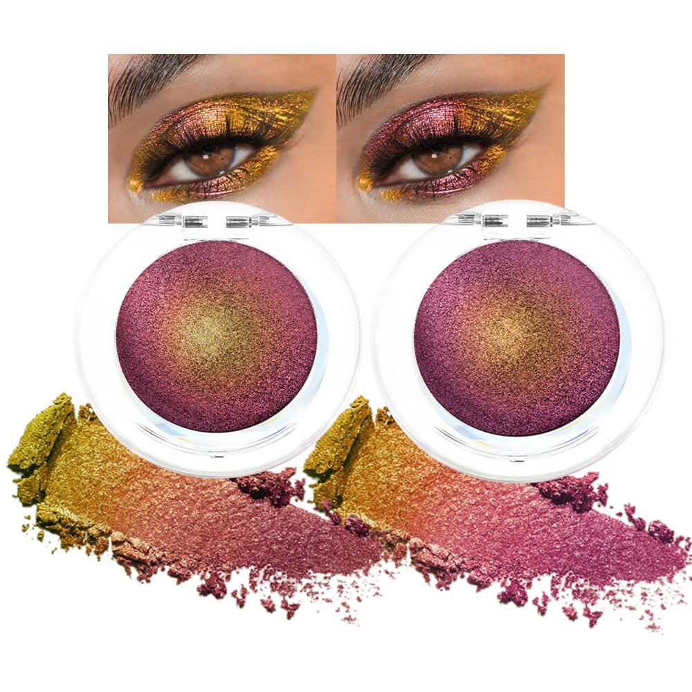 evpct 2Pcs Duochrome MultiChrome Chameleon Eyeshadow Palette Set, Rose Gold Wine Red Purple Silky Smooth Pigmented Shimmer Metallic Holographic Glitter Eyeshadow Mermaid Makeup Pallet Set, 2g, 01+06