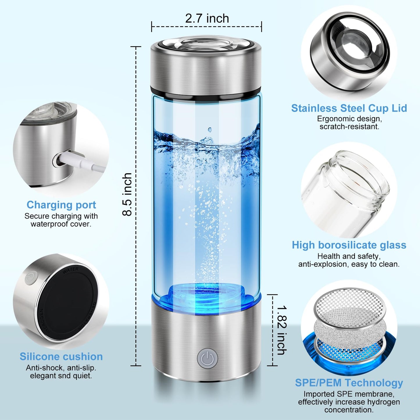 2025 New Hydrogen Water Bottle, Hydrogen Water Generator with Advanced SPE PEM Technology, Portable Rechargeable aquahealth Hydrogen Water for Office, Daily Drinking and Gifts