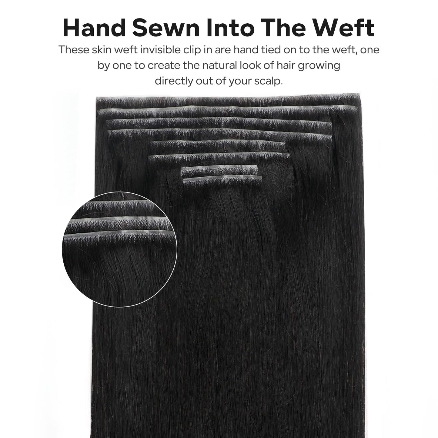 Injected Clip in Hair Extensions Real Human Hair Invisible Hand-Tied Weft Hair Extensions Clip in Human Hair Straight Seamless Clip ins for Women 8Pcs 120g 16inch #1B Natural Black