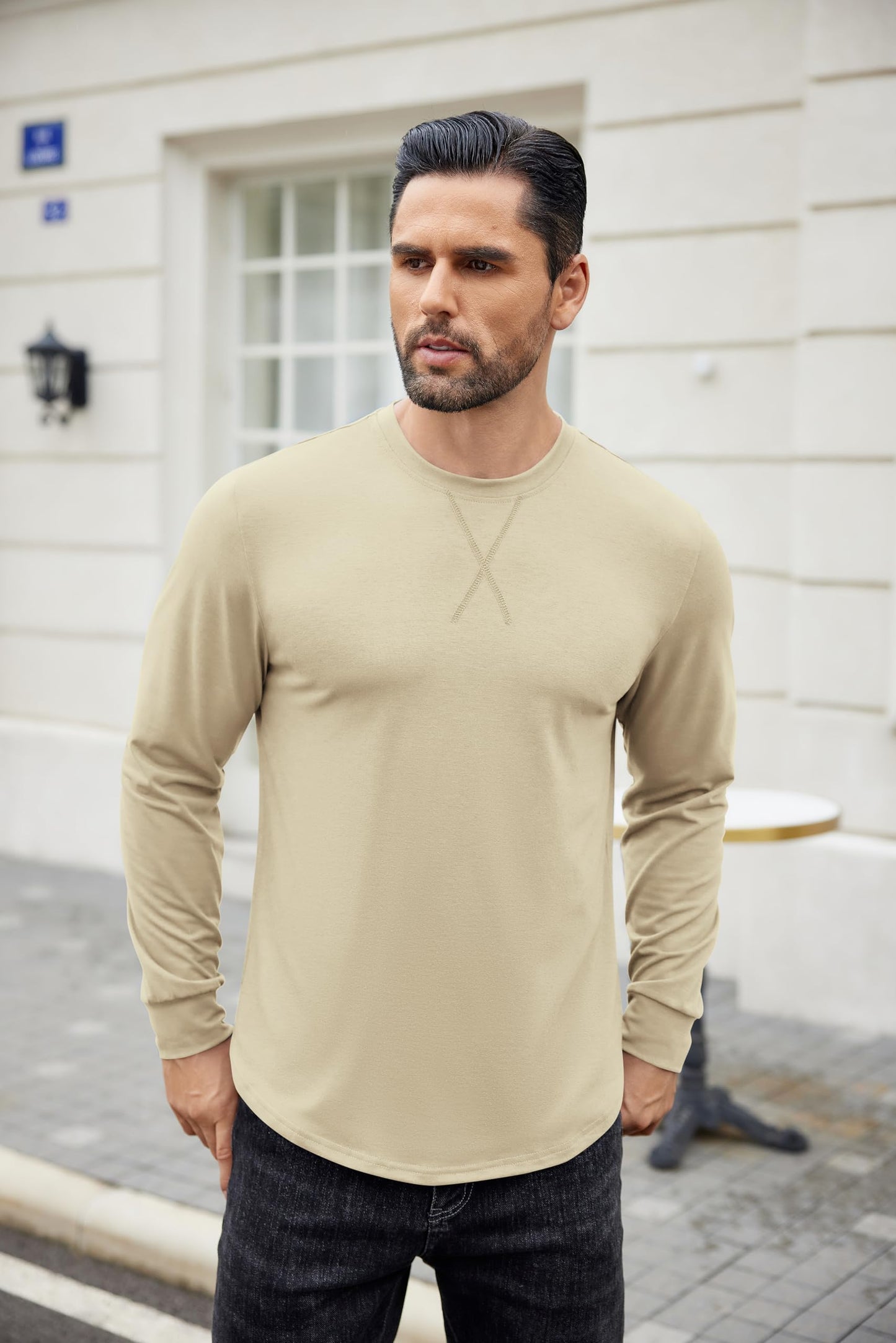 COOFANDY Mens Long Sleeve T Shirts 2 Pack Curved Hem Muscle Tees Cotton Crew Neck Basic Tops Fitness Drop Cut Hipster Shirt 2024 Winter Fashion Casual Shirt