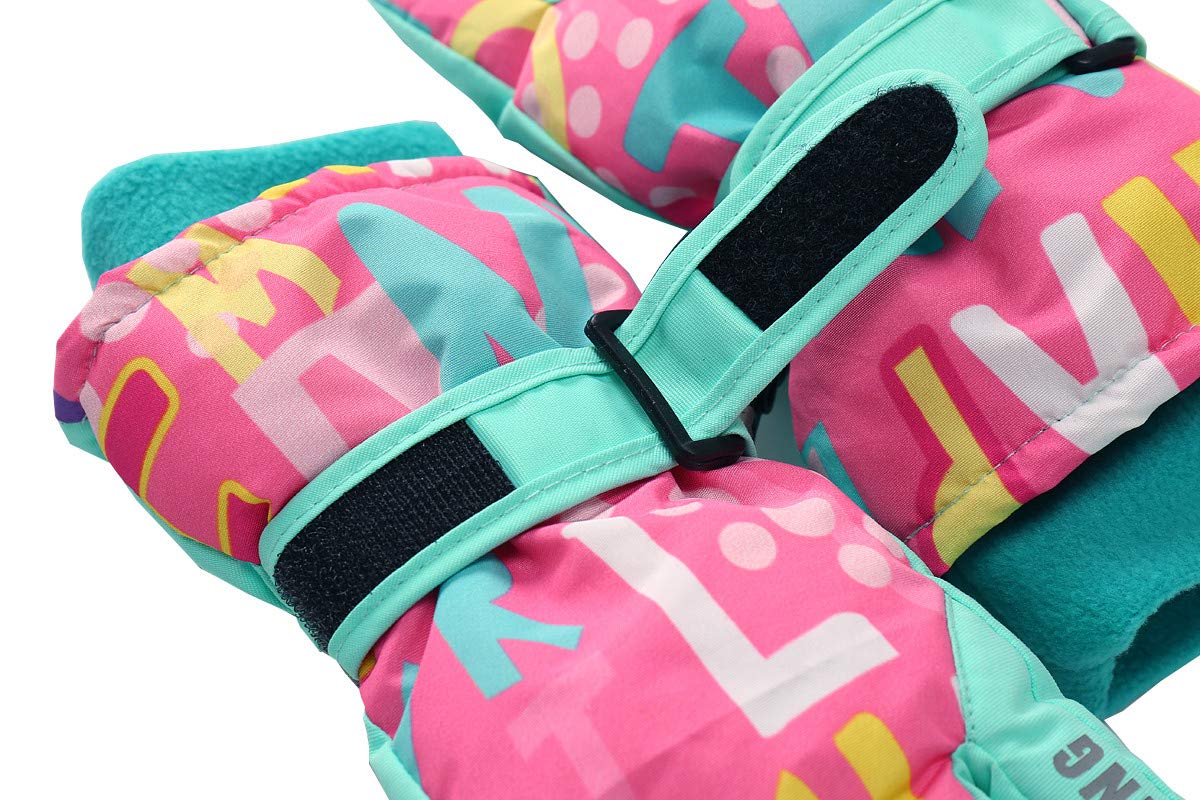 Hiheart Girls Winter Ski Gloves Waterproof Outdoor Thicken Glove Pink Letter 3-6 Years