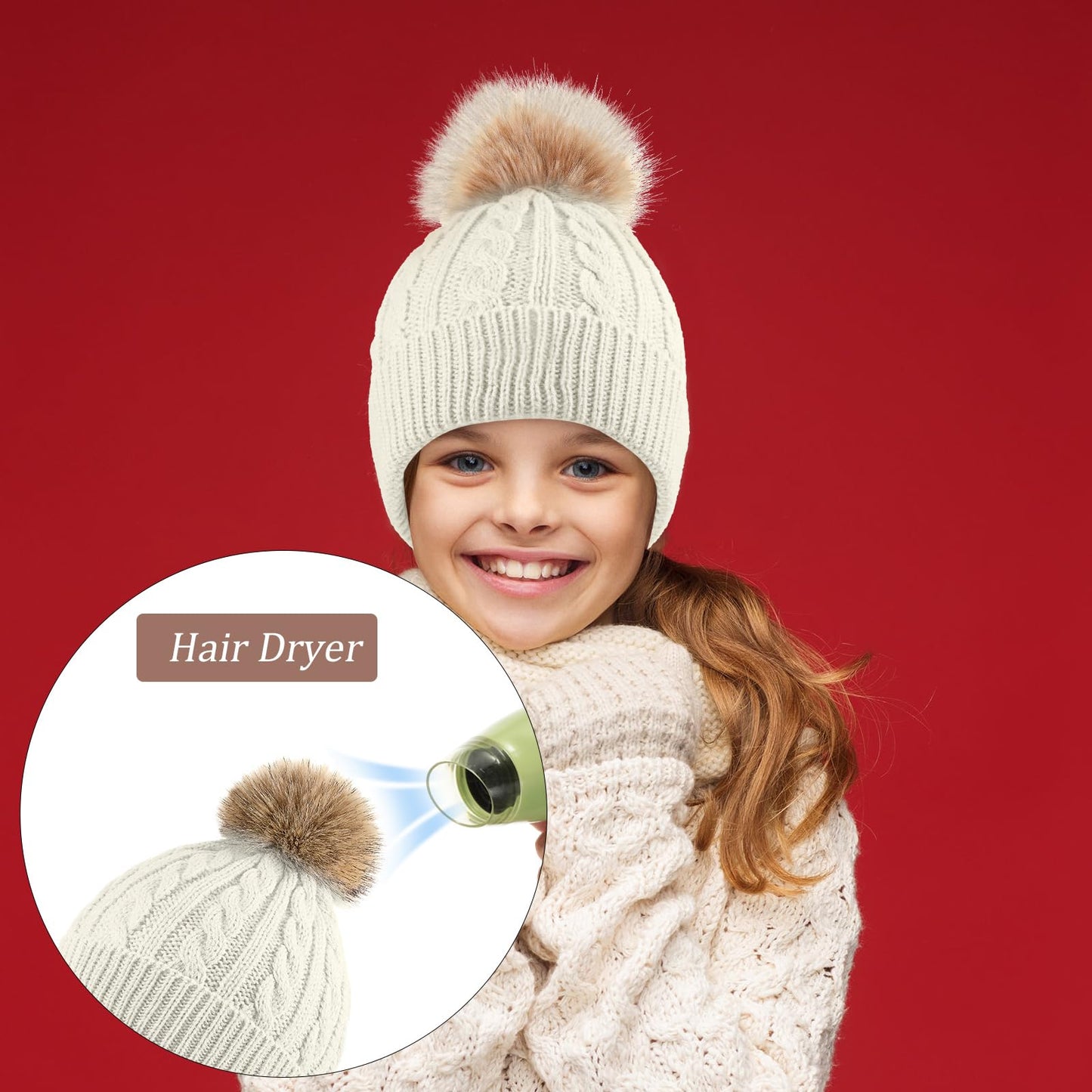 Kids Knitted Woolen Hat 3 Pieces Winter Warm Pom Pom Beanie Cap Knit Hat with Detachable Pom for 1-3 Years Old Girls Boys (Khaki, White, Gray)