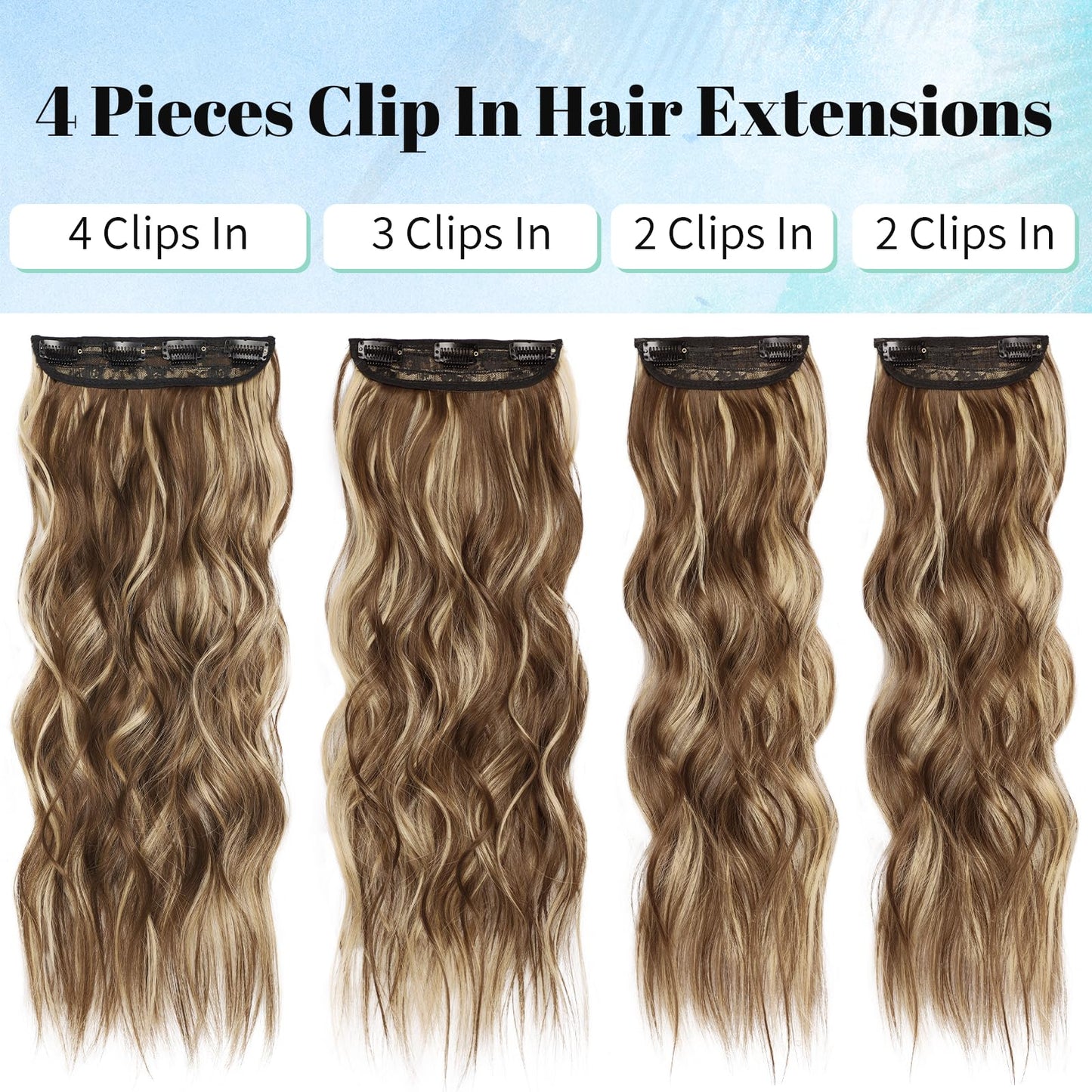 KooKaStyle Clip in Synthetic Hair Extensions Long Wavy 4PCS Honey Blonde Mixed Light Fiber Double Weft Natural Hair Extensions 20 Inch for Women