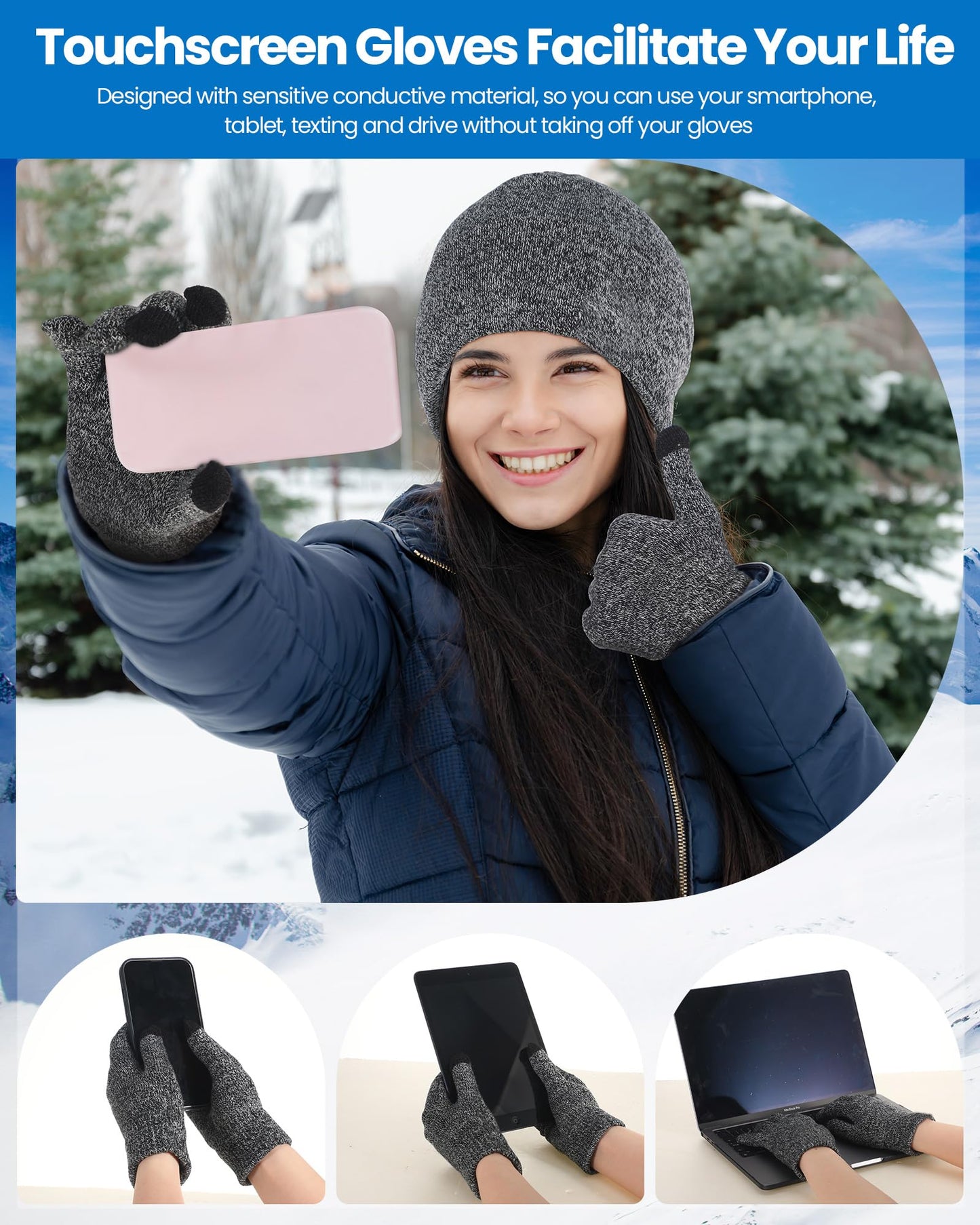 Liitrsh 4 Pcs Women Winter Beanie Hat Gloves Set Knit Beanie Hat Warm Touchscreen Glove Soft Skull Christmas Cap Gift for Men Women