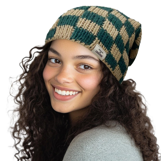 CLAPE Winter Warm Soft Skullcap Slouchy Knitted Ski Cap Daily Toboggan Cap for Outdoor Plaid Stocking Caps, Khaki-Green