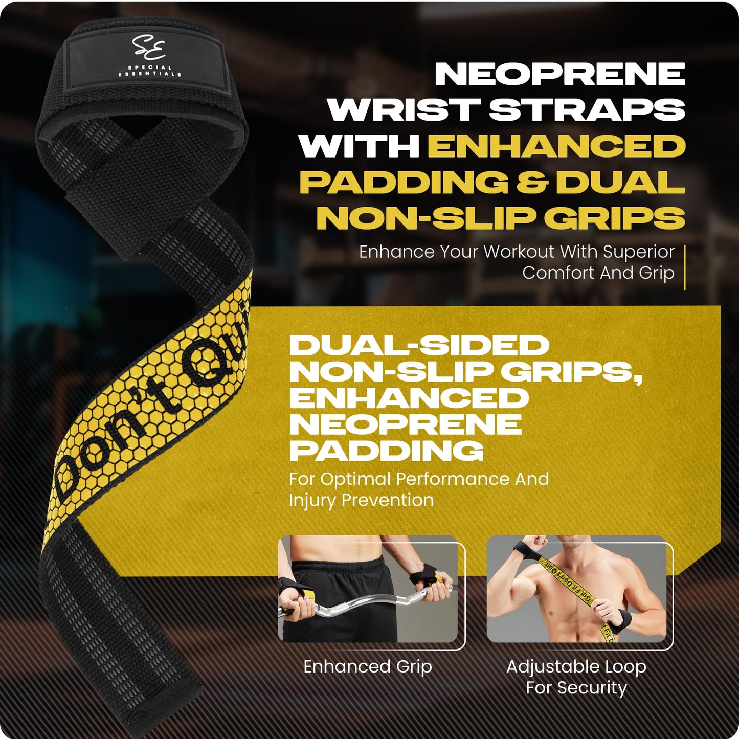 Special Essentials Wrist Straps for Weightlifting - Two-Sided Anti Slip Silicone Grip & Premium Padded Neoprene - Durable Gym Lifting Straps for Men and Women - Ideal for Bodybuilding & Powerlifting