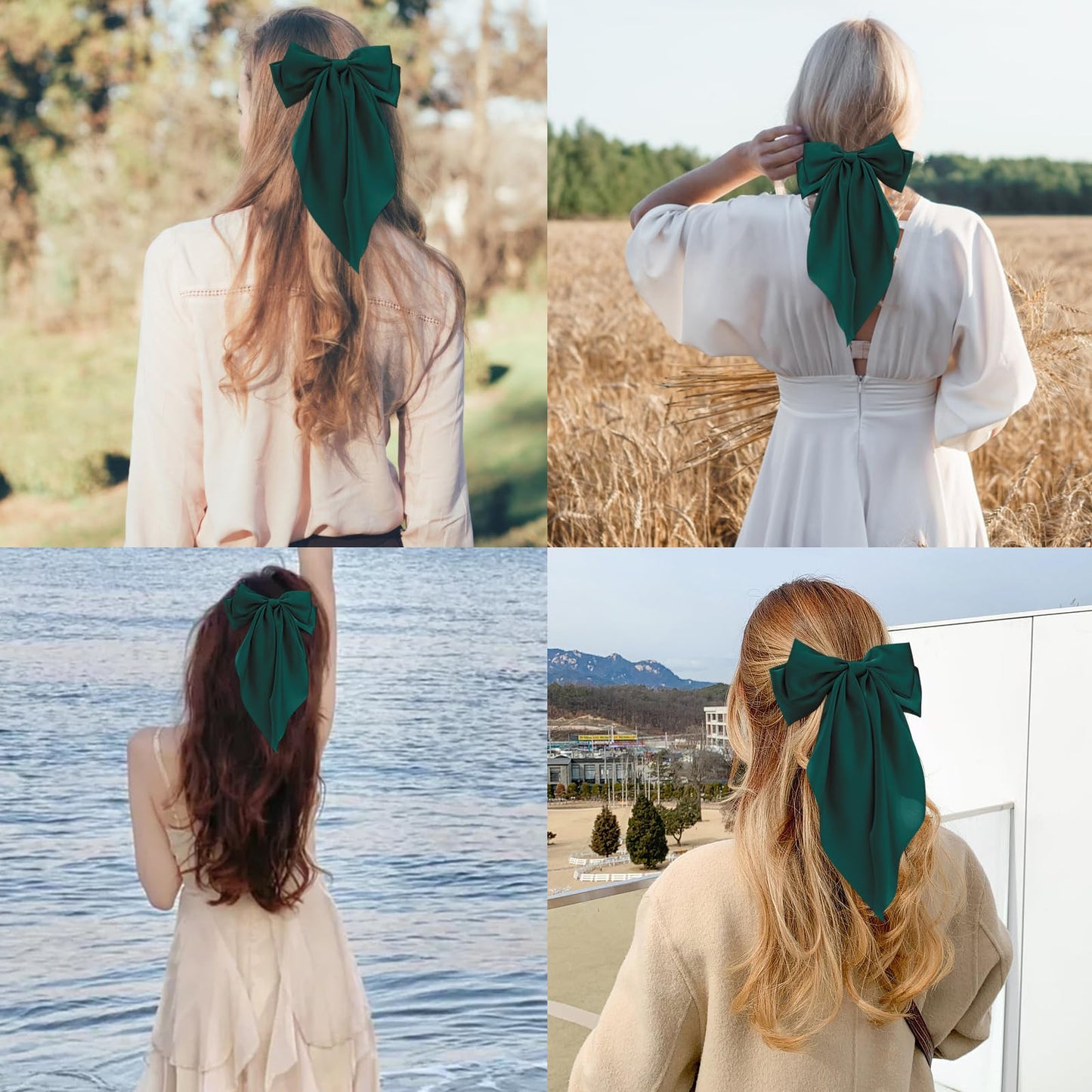 Canitor Dark Green Hair Bows for Women Hair Accessories for Christmas Halloween St. Patrick's Outfit Dress Shirts Barrettes Clip Large Silky Satin Bows