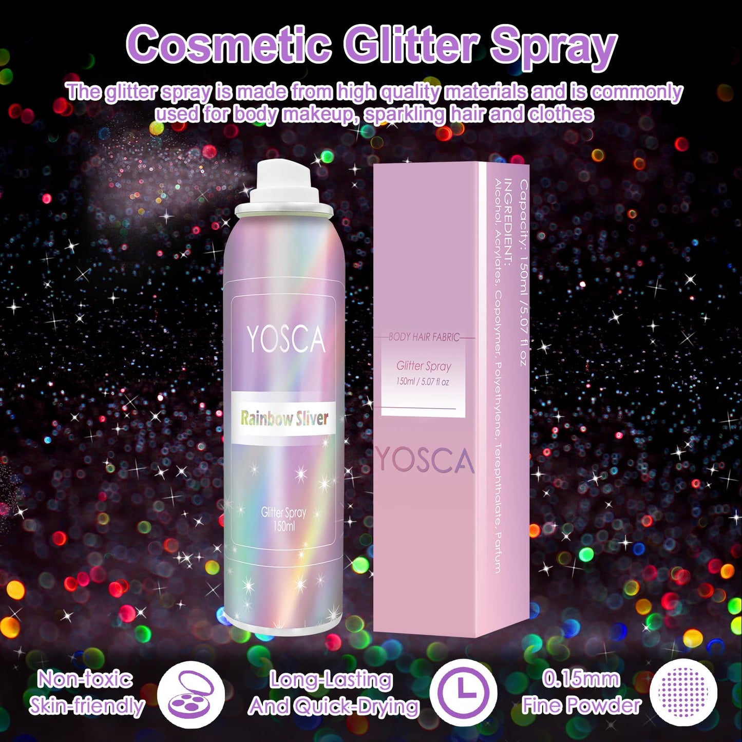 YOSCA Body Glitter Spray, 150ML Holographic Glitter Hairspray, Glitter Spray for Hair Body Clothes, Quick-Drying and Long-Lasting Shiny Glitter Spray for Festival Music Concert Party Rave Accessories