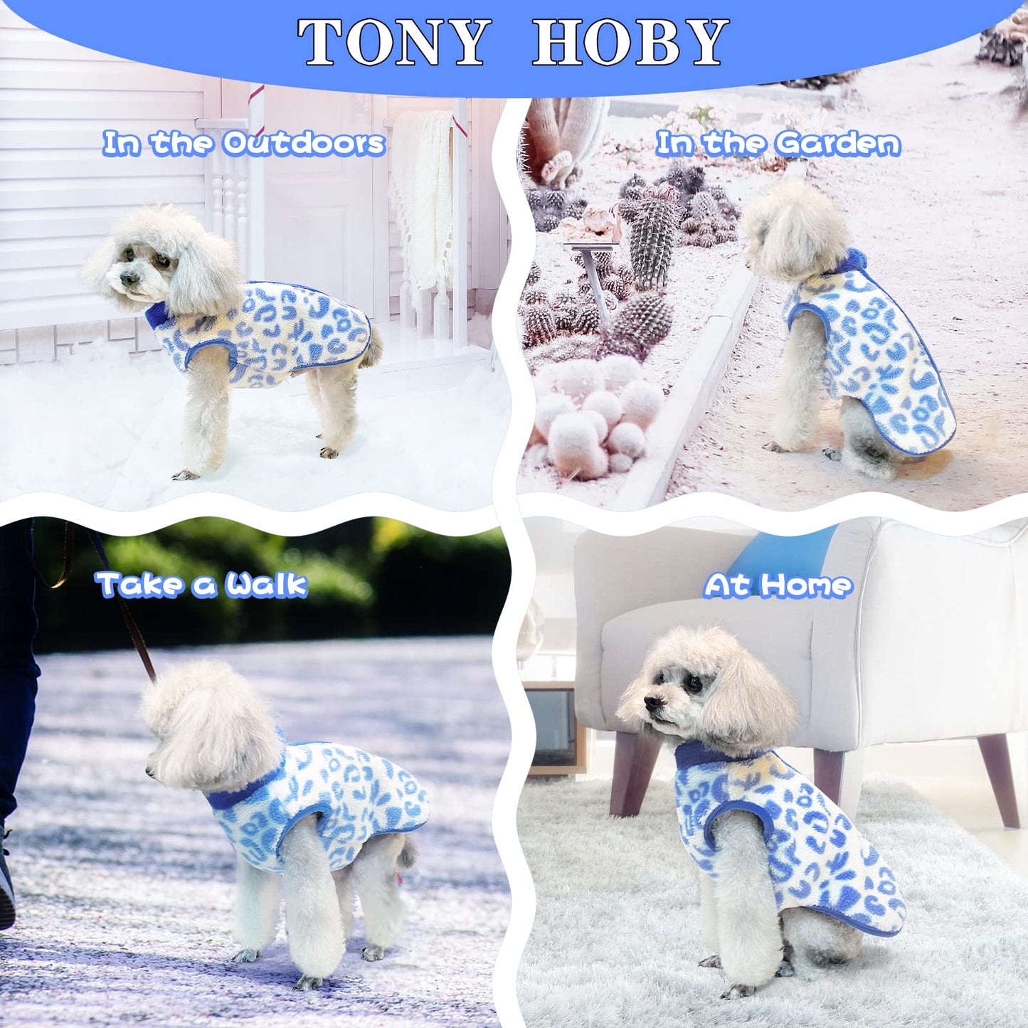 TONY HOBY Dog Cold Weather Coat, Thermal Fleece Dog Jacket, Dog Winter Jacket for Small Medium Dog (Blue&White, L)
