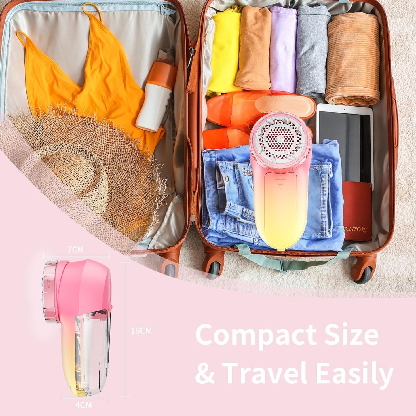 Fabric Shaver & Lint Remover, Electric Fuzz Remover, AC Adapter or Battery Operated Sweater Shaver, 3 Shave Heights - Removes Clothes Fuzz, Lint Balls, Pills, Bobbles(Pink Yellow Color