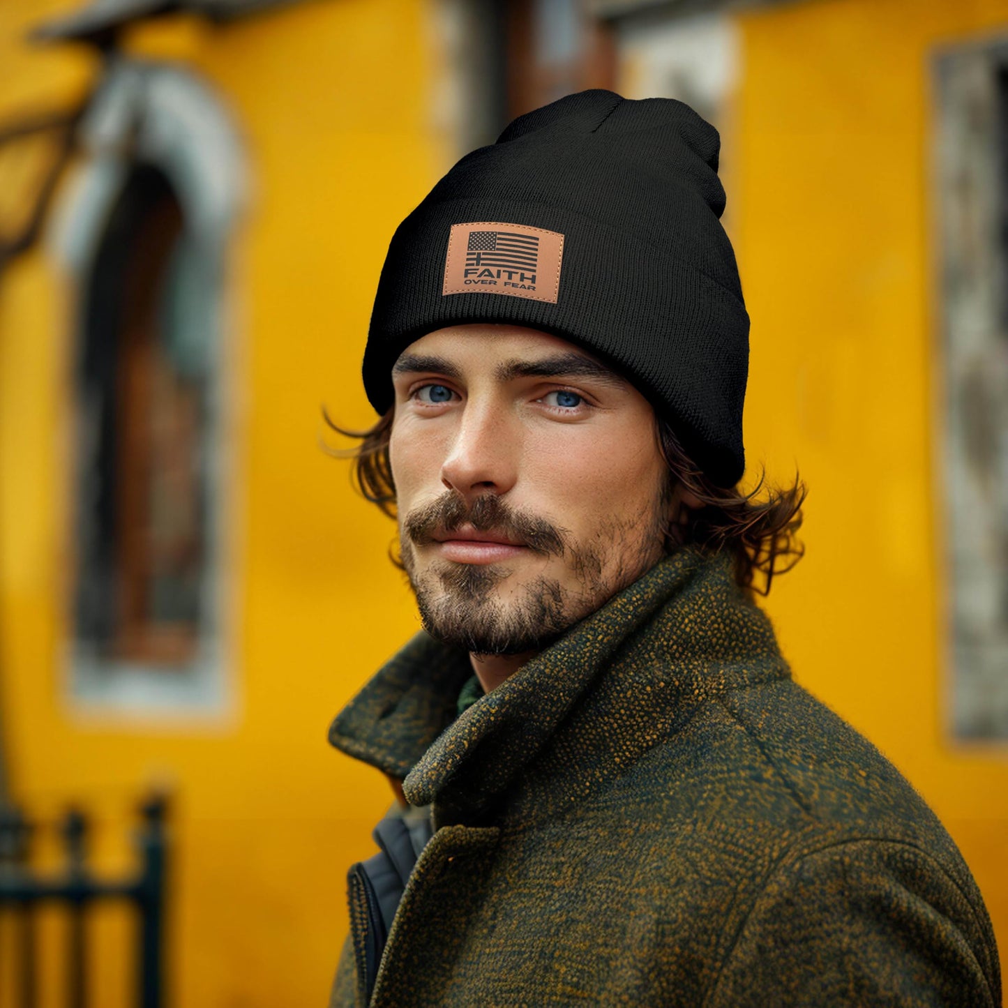 Faith Over Fear Beanie with Leather Beanie Hat for Men Women Gifts for Dad Knit Hat Warm Knitted Winter Cap