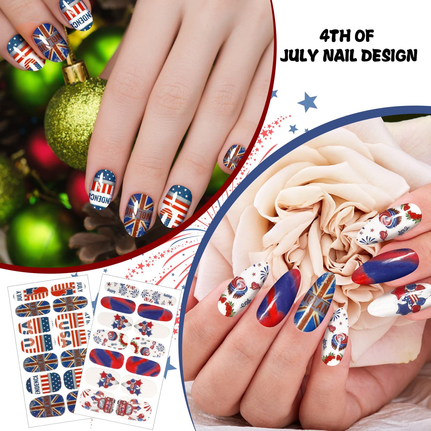 Maitys 140 Pcs 10 Sheets Patriotic Full Wrap Nail Stickers 4th of July Polish Strips Gradient Stickers Memorial Independence Day Glitter Self Adhesive DIY Art Strips with 2 Pcs Nail Files