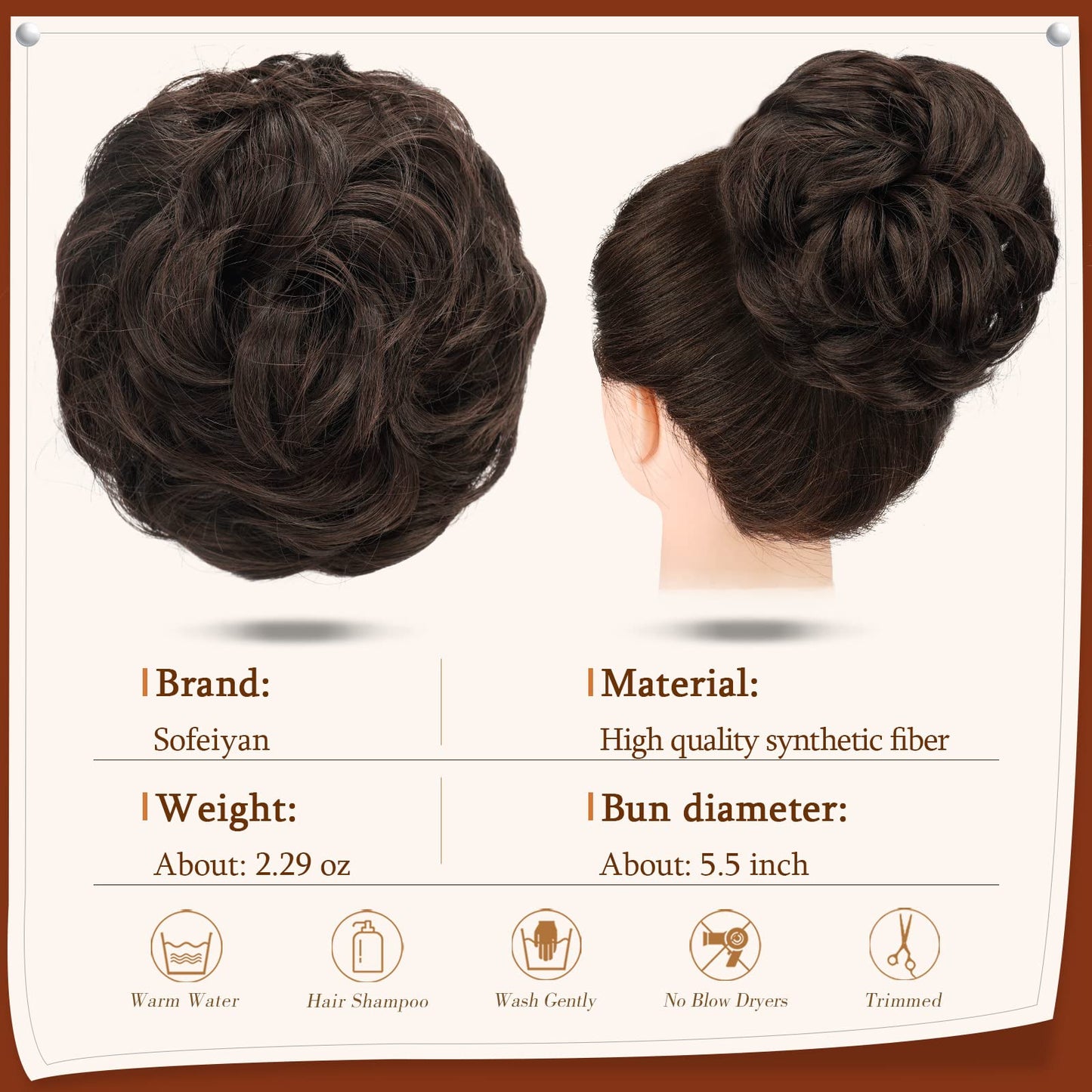 SOFEIYAN Claw Clip Messy Bun Hair Piece Wavy Curly Hair Bun Clip in Claw Chignon Ponytail Hairpieces Synthetic Tousled Updo Hair Extensions Scrunchie Hairpiece for Women, Darkest Brown/Dark Auburn Mix