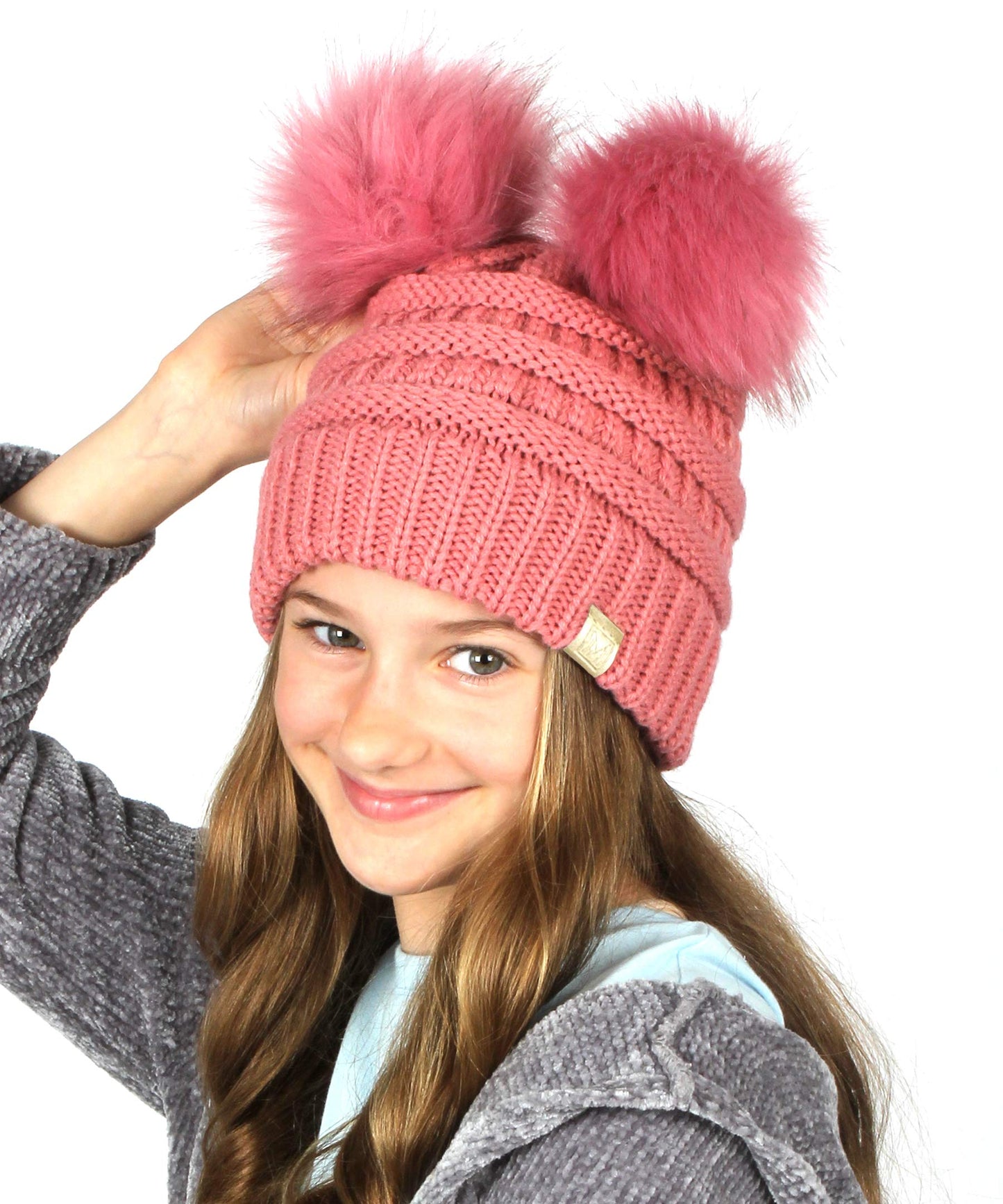 MIRMARU Kids Boys & Girls Winter Soft Warm Knitted Beanie Hat with Faux Fur Pom Pom for Ages 7-12 (Double Pom - Dusty Pink)