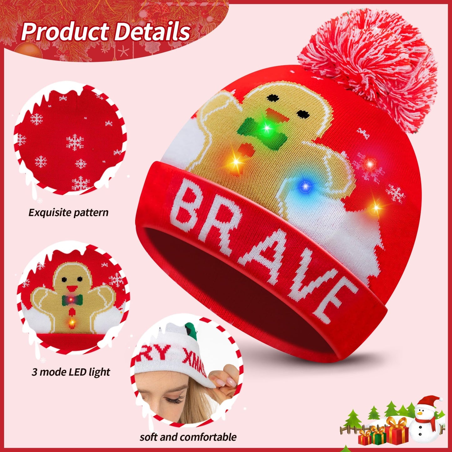 JAZGROM 4 Pack LED Light up Christmas Beanie Hats Xmas Knitted Hat Unisex Winter Hat Flashing Knit Cap Party Hat for Men Women Holiday Party Supplies (Battery Included)